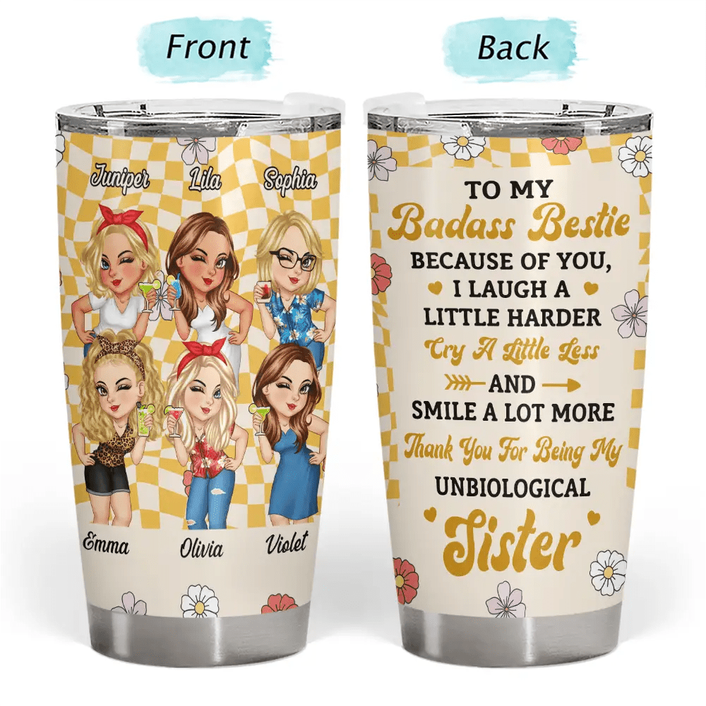 Personalized best friend tumbler gift with names and characters – floral design