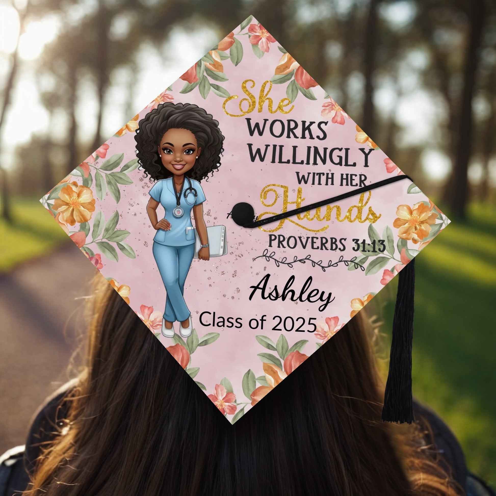Black Nurse Graduation Cap Topper – Personalized with Name & Scripture | Proverbs 31:13 - De Krys