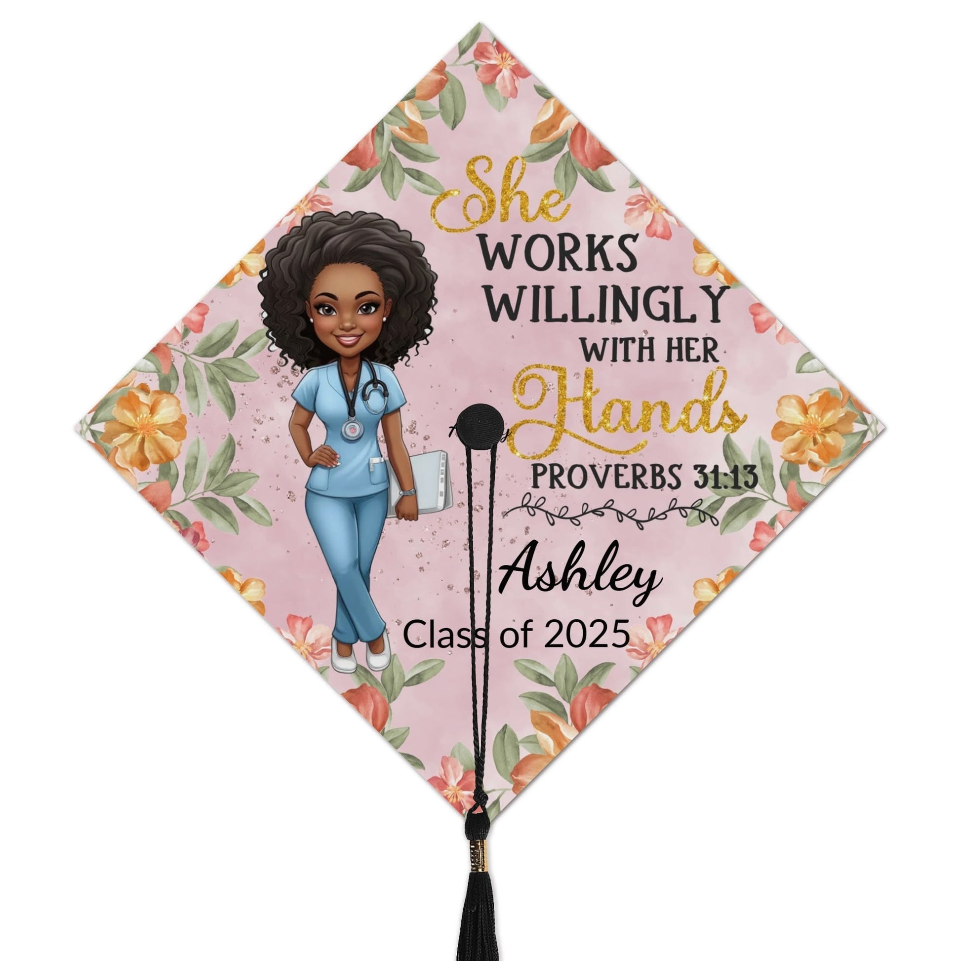 Black Nurse Graduation Cap Topper – Personalized with Name & Scripture | Proverbs 31:13 - De Krys