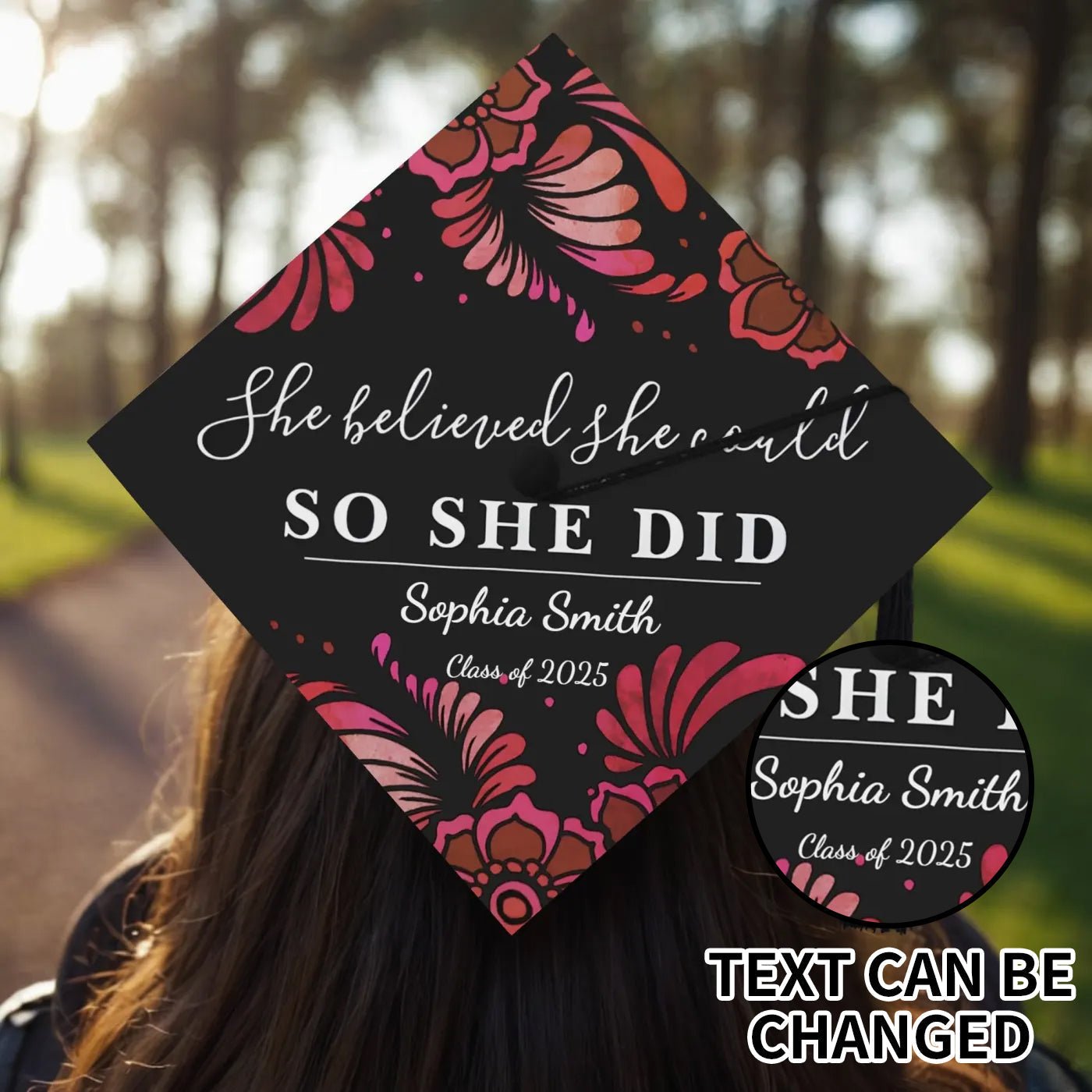 Personalized graduation cap topper with floral design and custom name – inspirational grad gift