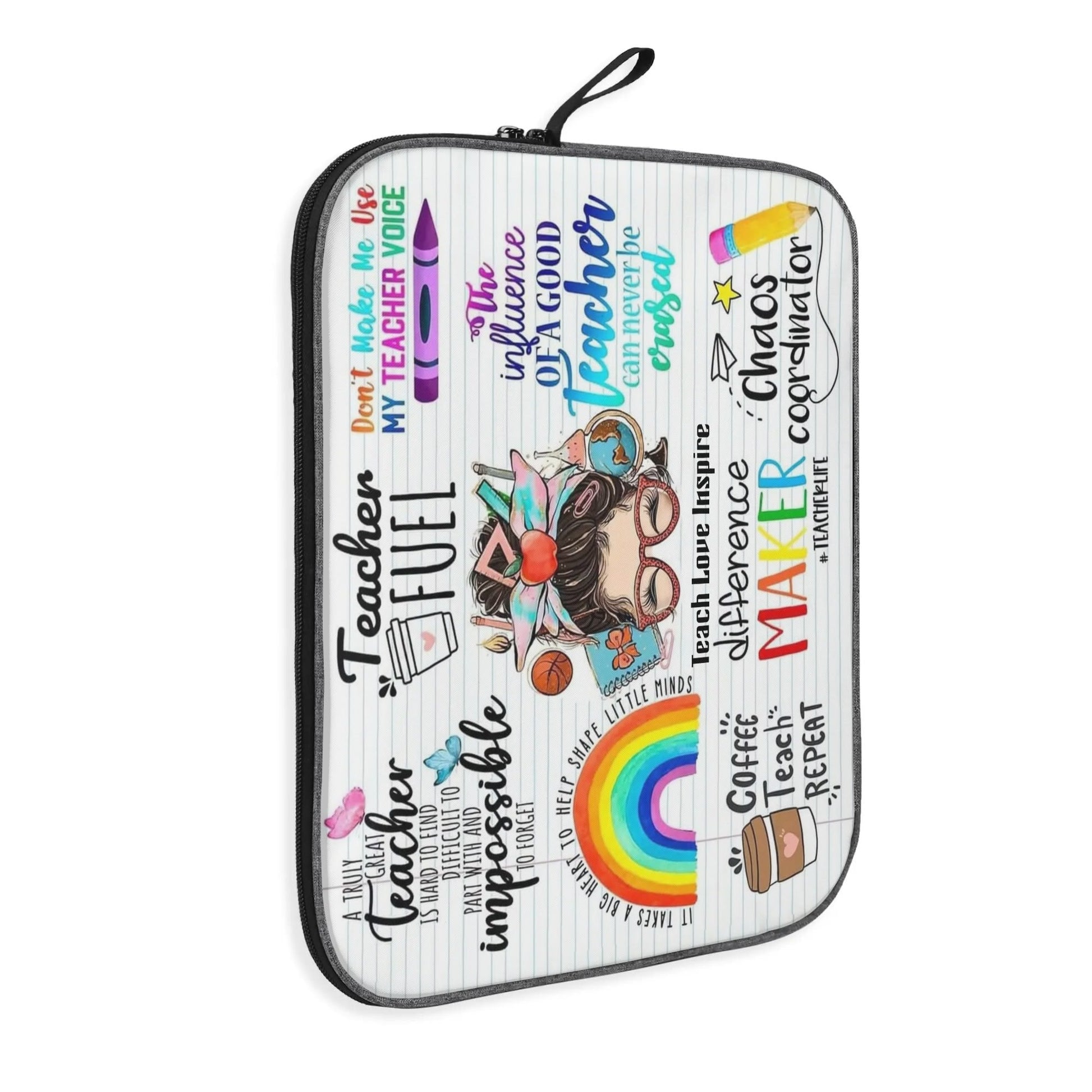 Protective teacher laptop sleeve with colorful artwork and quotes – meaningful and practical appreciation gift for educators.