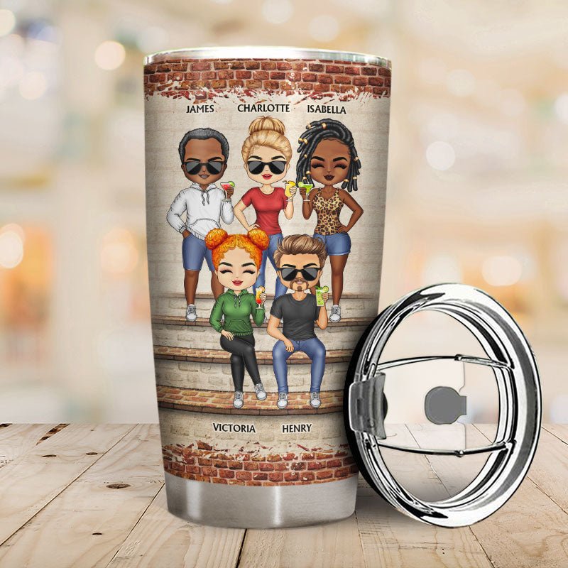 Close-up of engraved bestie tumbler featuring friends illustration and humor text