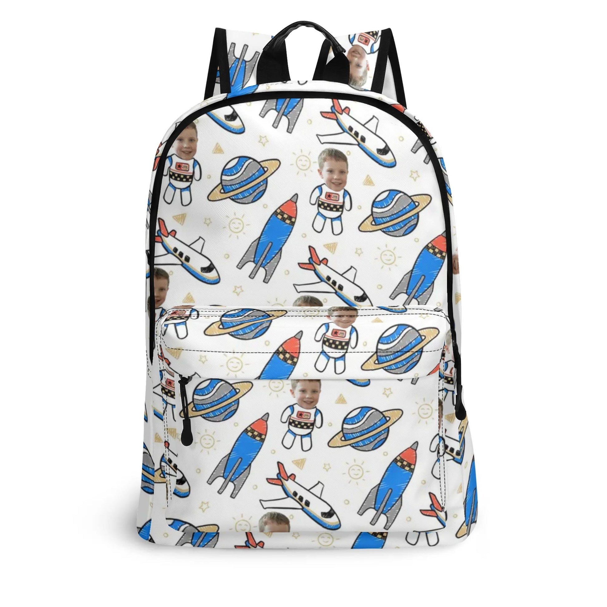 Personalized kids backpack with custom photo, astronaut space design featuring rockets and planets – unique school bag gift for children