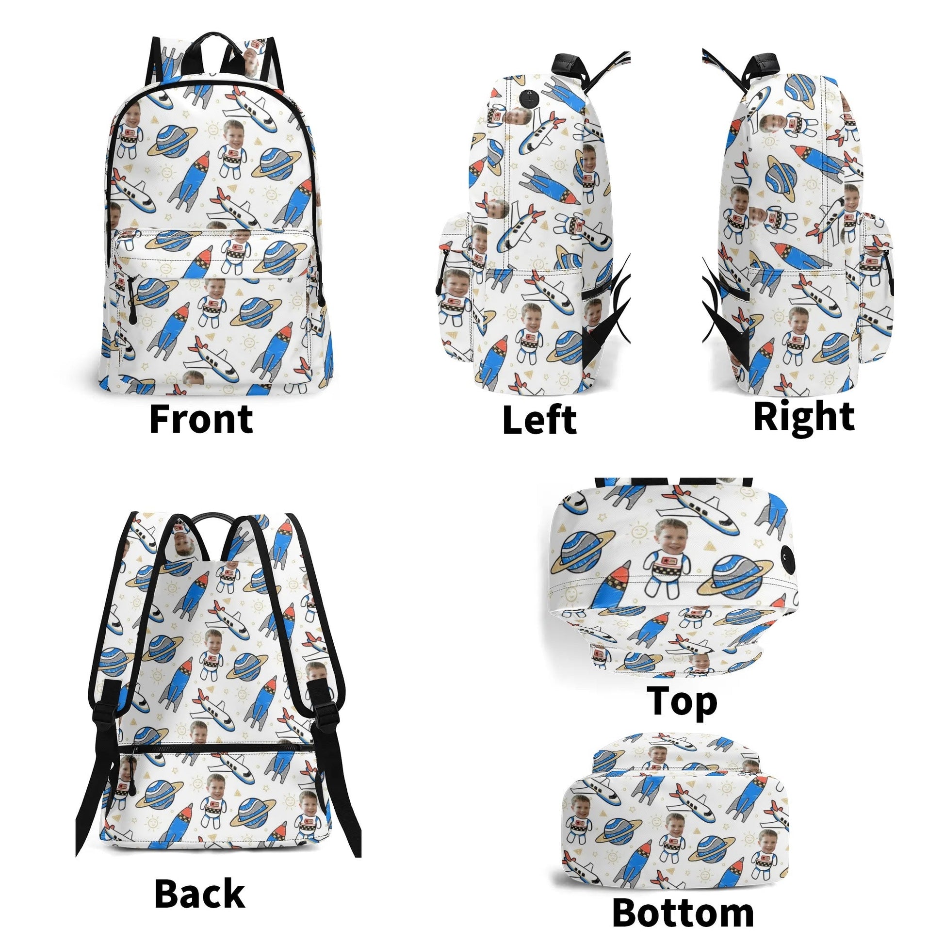 Fun personalized astronaut backpack for children – custom photo design with rockets and planets, perfect for school, travel, and gifting