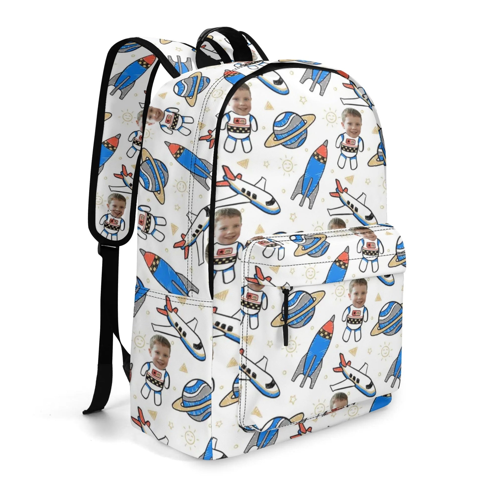Custom Astronaut Kids Backpack – SDurable custom kids backpack with astronaut and rocket print, personalized face design, and sturdy zippers for daily school use.