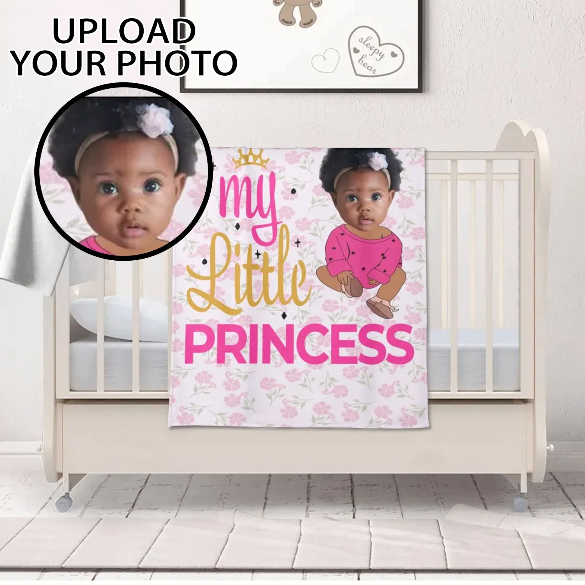 Personalized baby blanket with custom photo and text “My Little Princess,” featuring floral design and crown graphic.