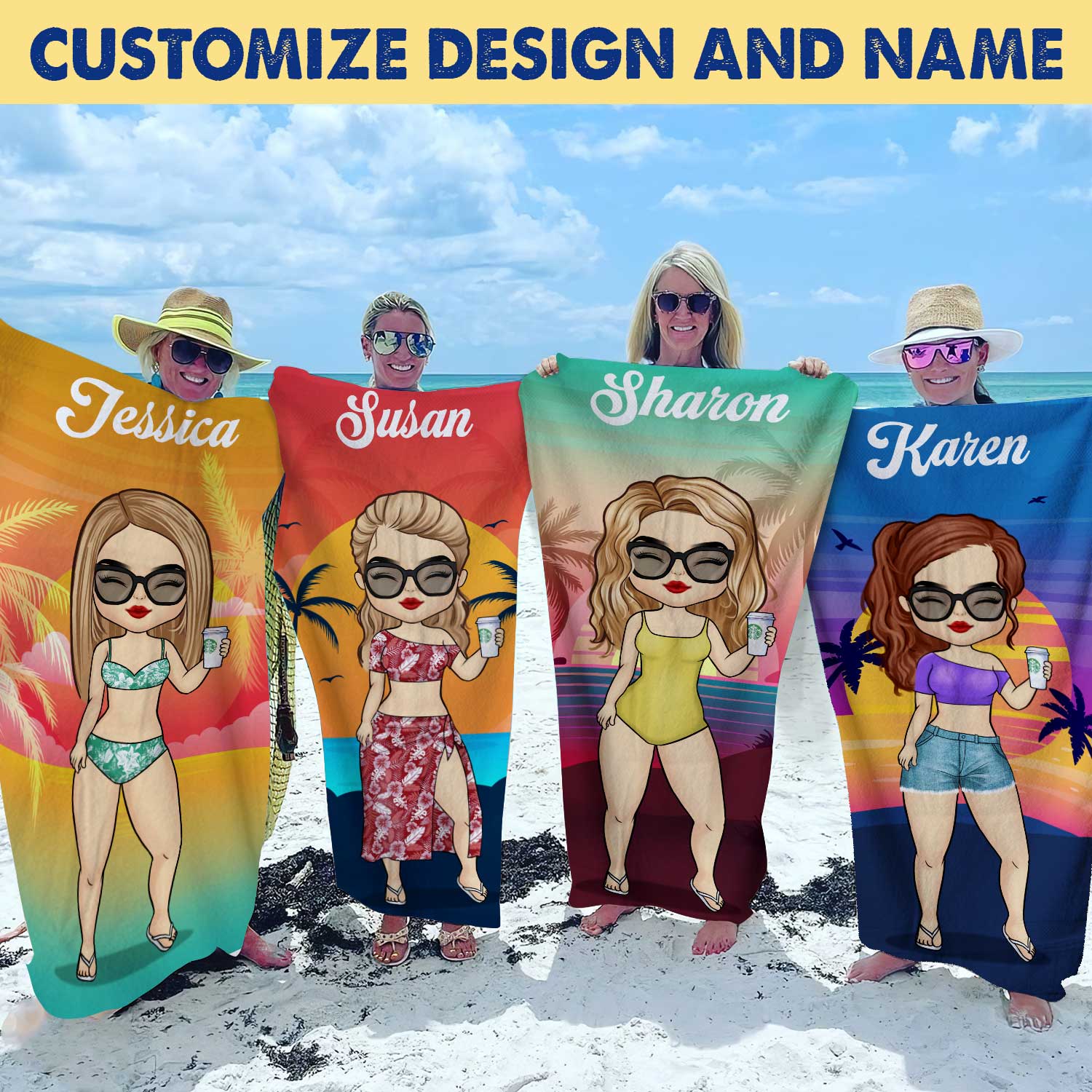 Personalized beach towel with custom cartoon characters & names