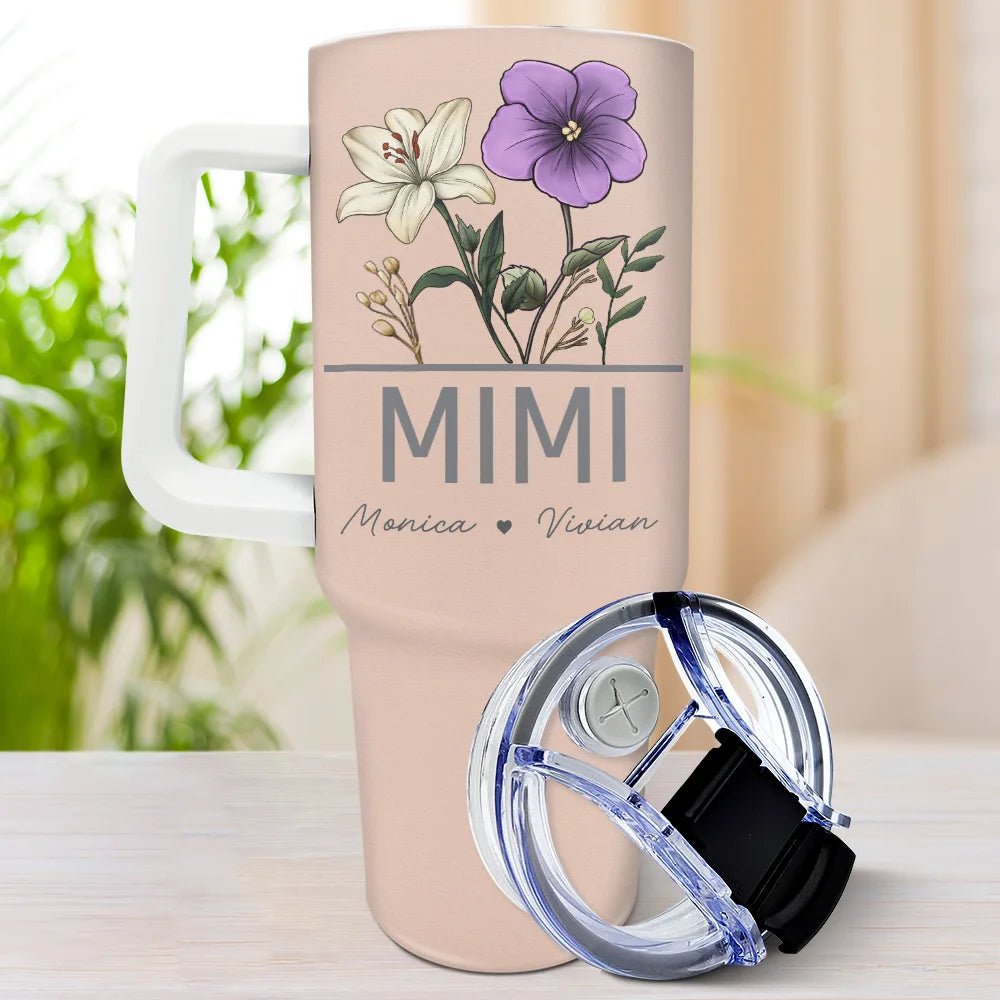 Close-up custom floral tumbler for Mimi engraved with children’s names
