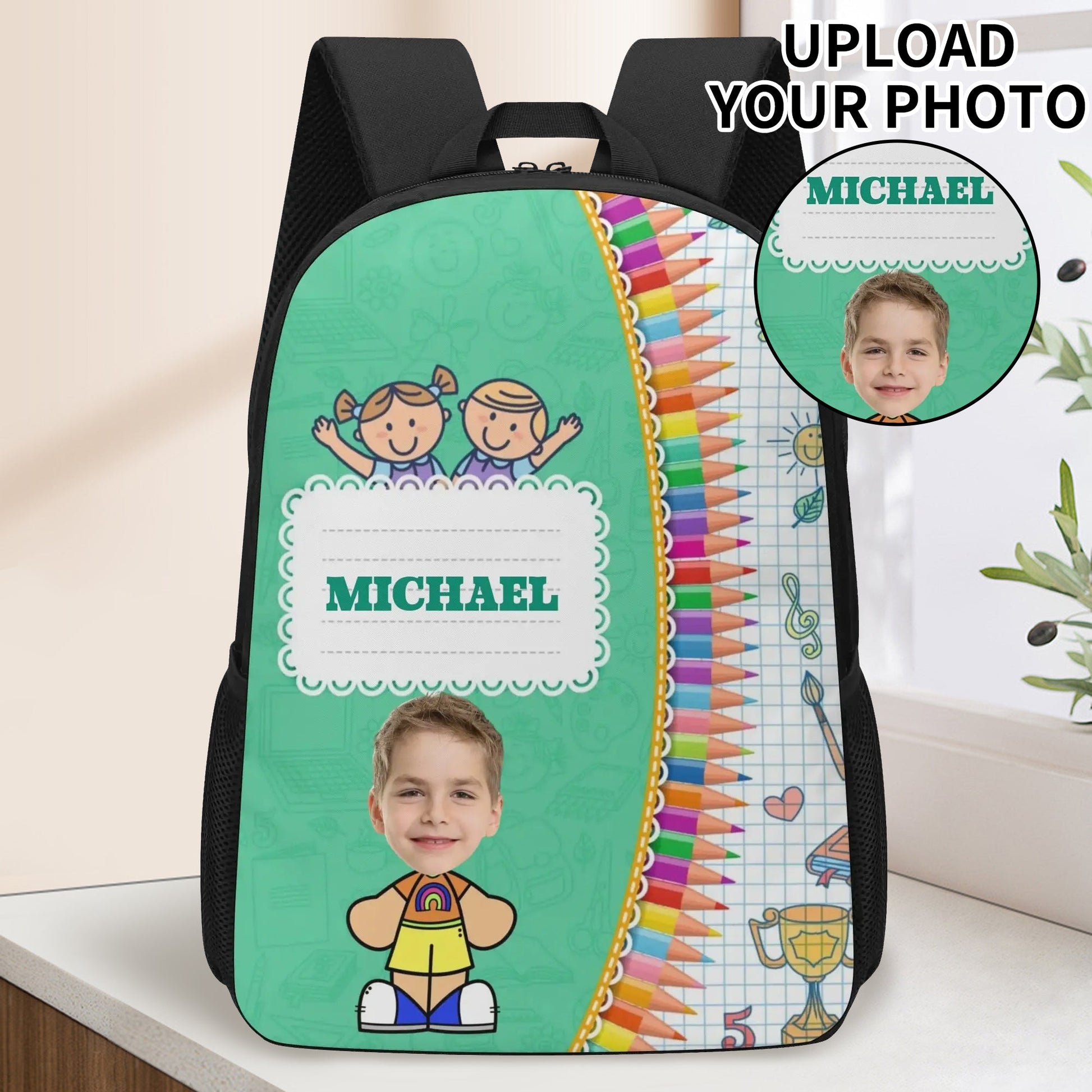 Personalized kids school backpack with photo and name, colorful crayon design.