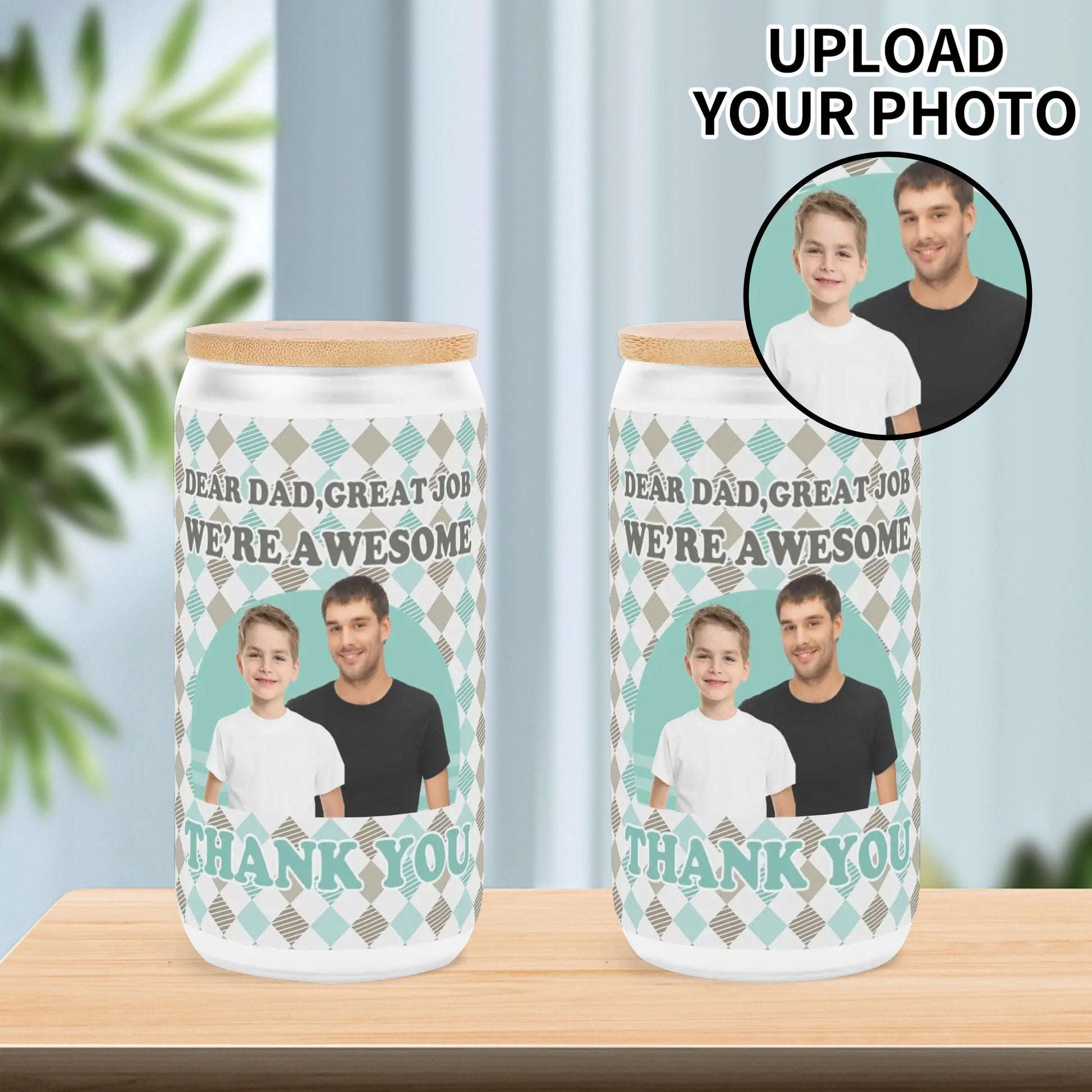 Personalized Father’s Day can glass with custom photo and message