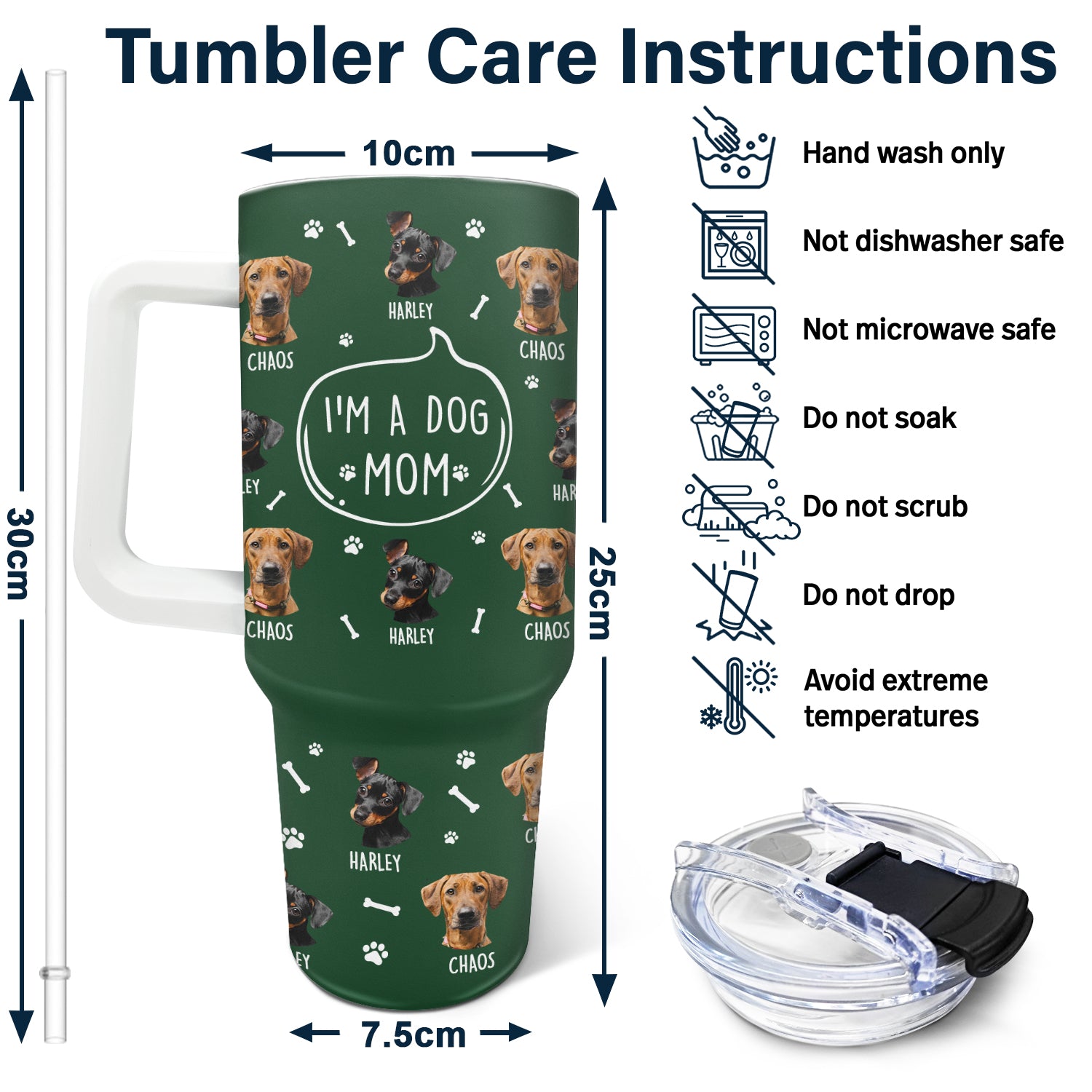 Custom tumbler with dog illustrations, paw prints, and pet names