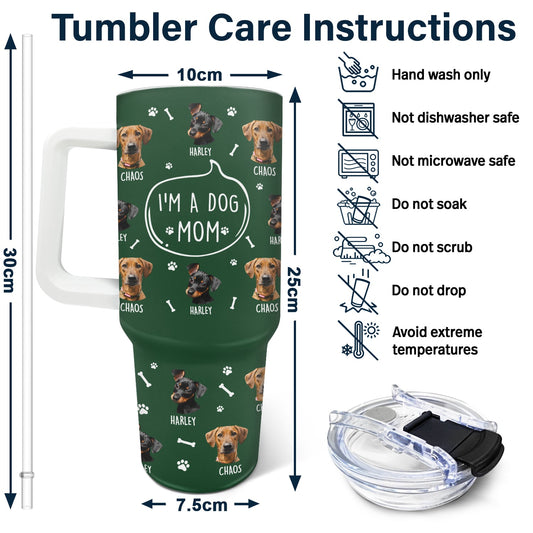Custom tumbler with dog illustrations, paw prints, and pet names
