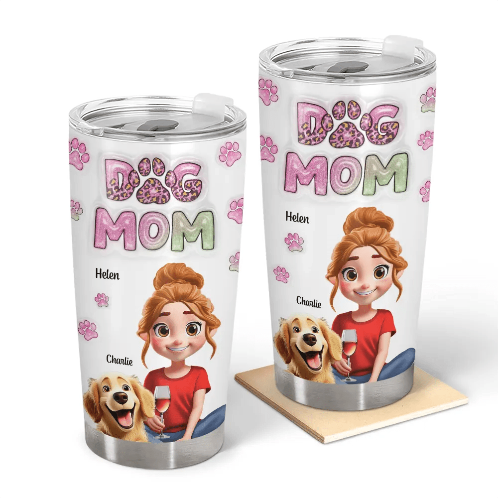 Personalized Dog Mom tumbler with cartoon character and pet name