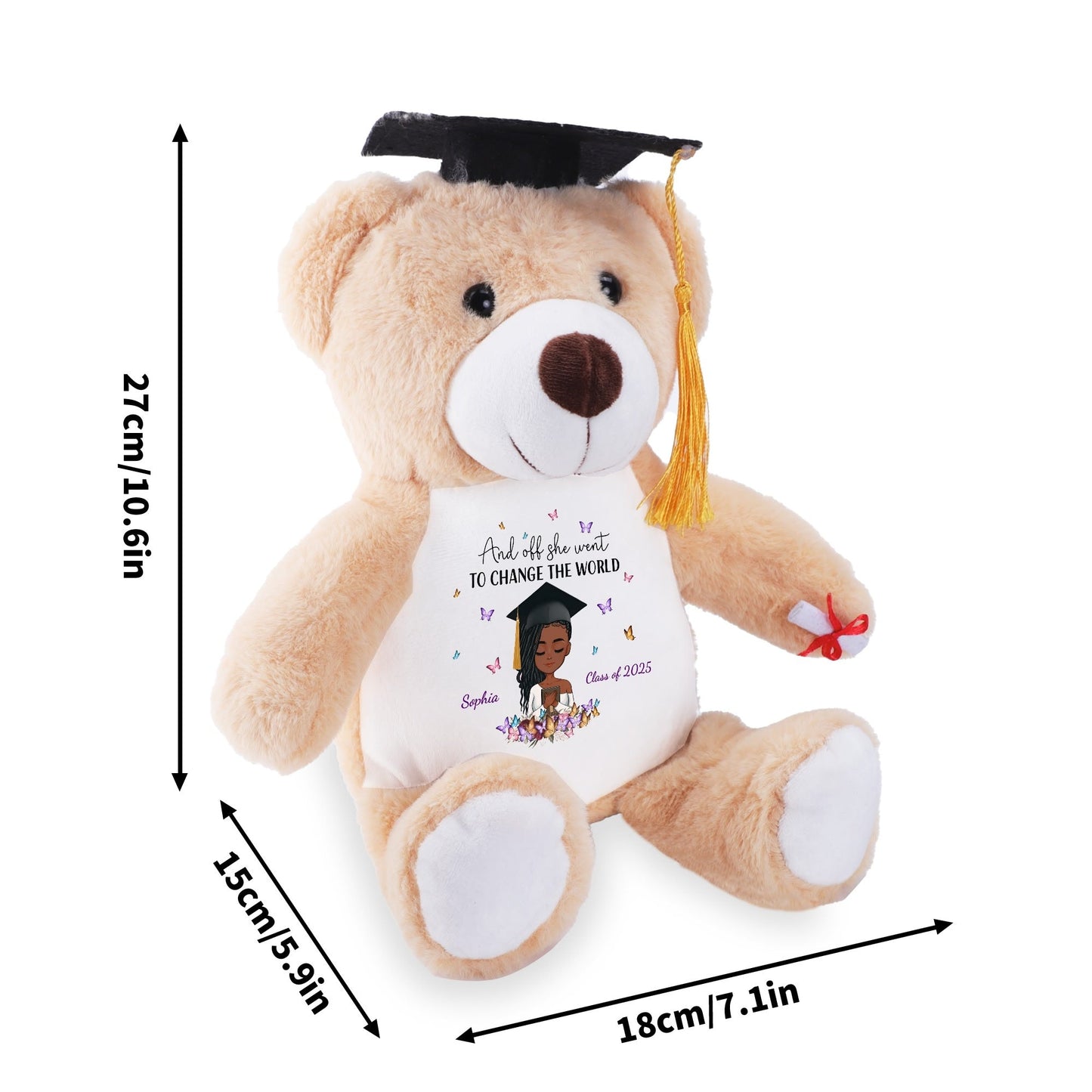 Custom plush graduation bear with embroidered details, personalized shirt design, and cap with tassel.