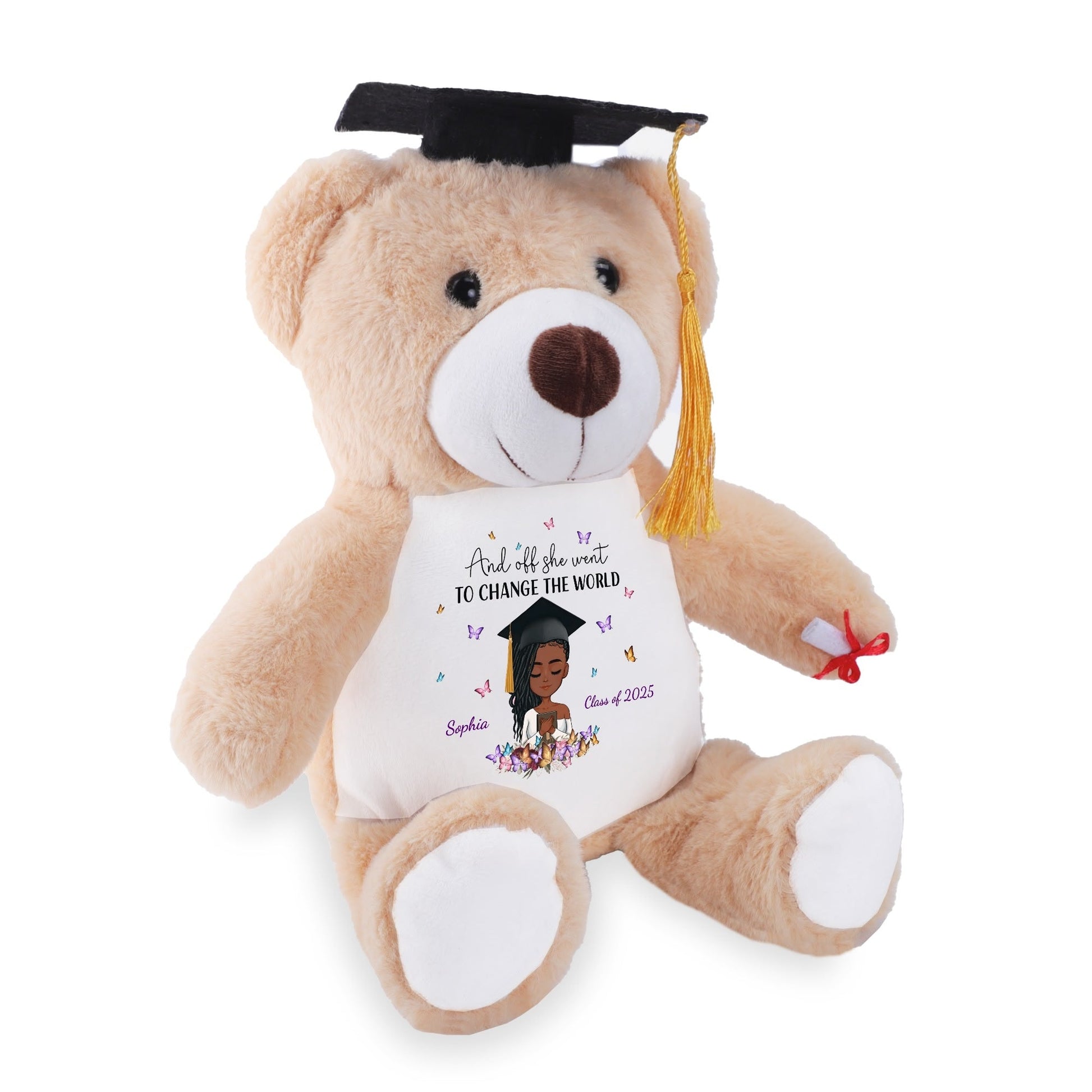 Graduation teddy bear with cap and gown, personalized with name, class year, and inspirational quote.