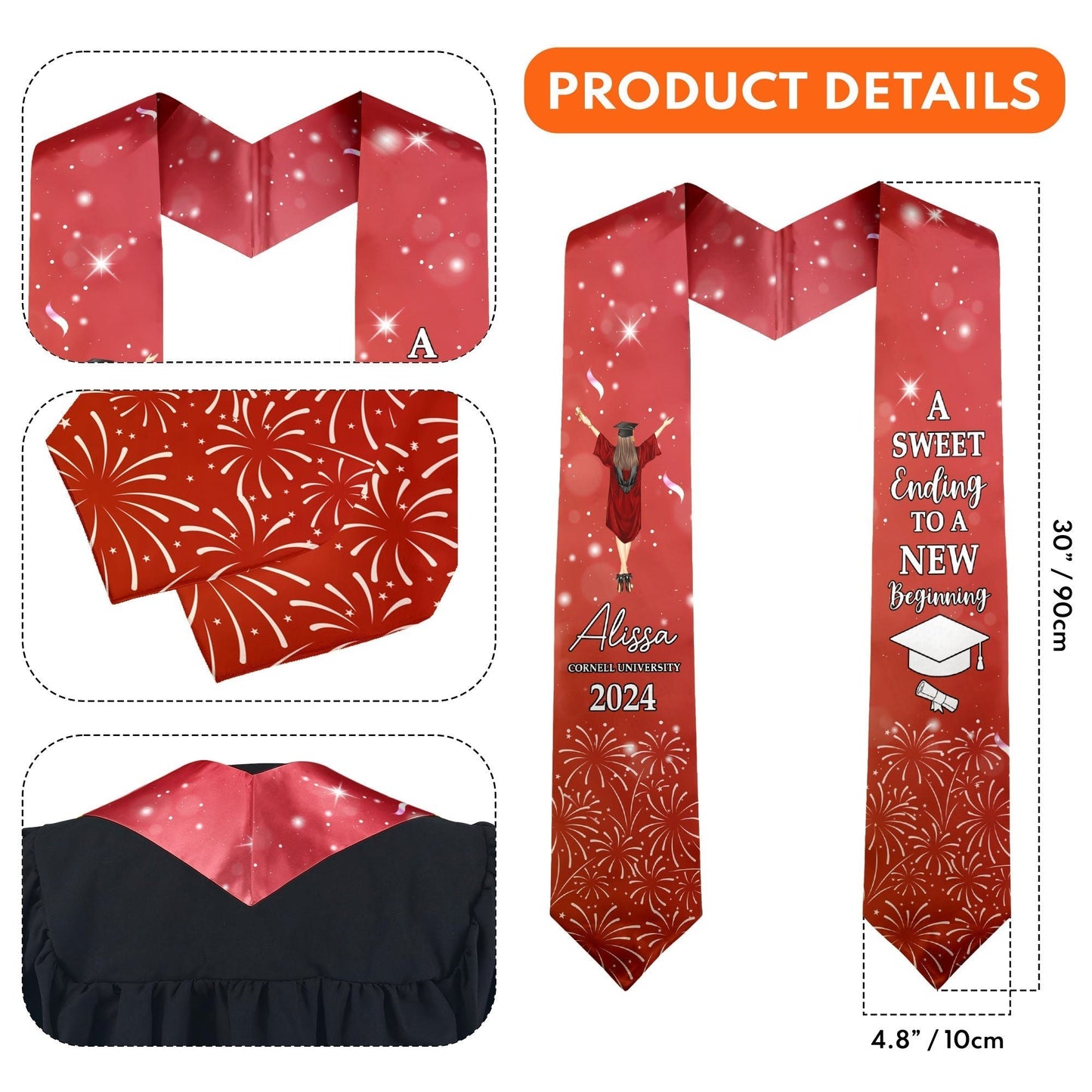 Personalized graduation stole with fireworks design, custom name, school, and class year.