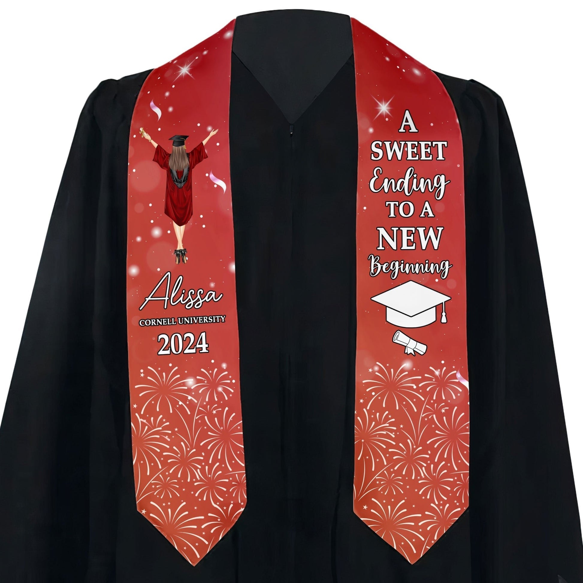 Custom stole featuring graduate in cap and gown, personalized text, and motivational graduation message.