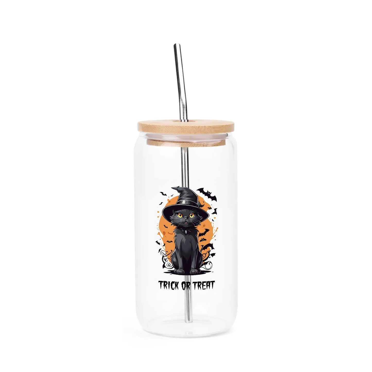 Custom Halloween Black Cat Glass Can Cup – "Trick or Treat" Iced Coffee Cup with Straw & Bamboo Lid - De Krys