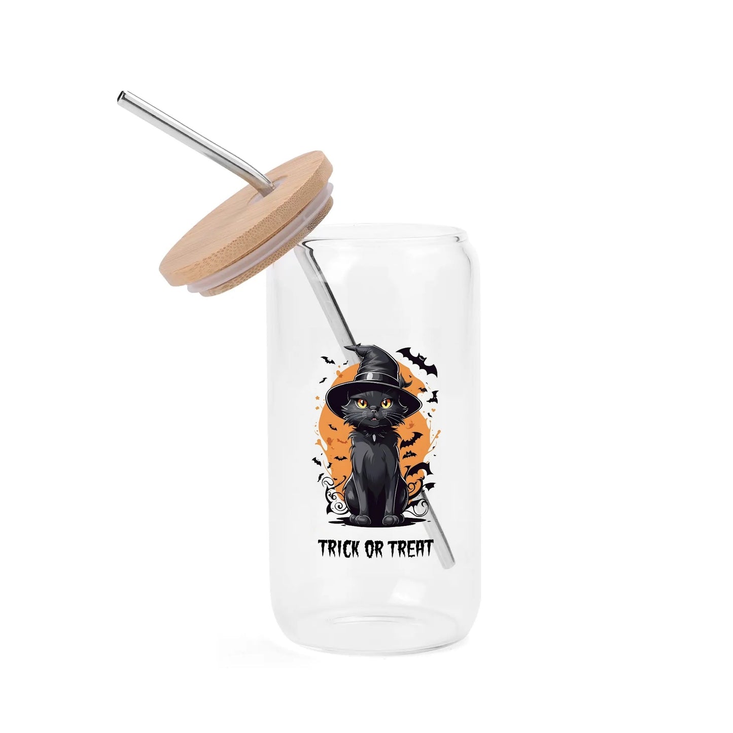 Custom Halloween Black Cat Glass Can Cup – "Trick or Treat" Iced Coffee Cup with Straw & Bamboo Lid - De Krys