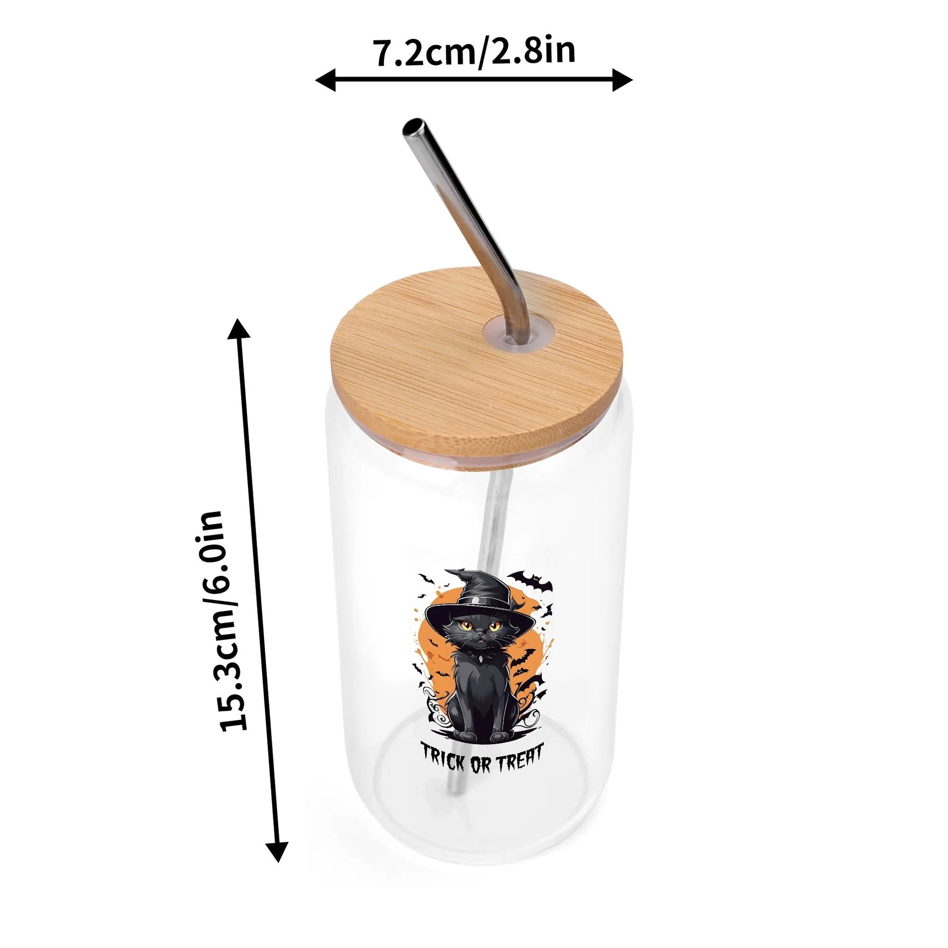 Custom Halloween Black Cat Glass Can Cup – "Trick or Treat" Iced Coffee Cup with Straw & Bamboo Lid - De Krys