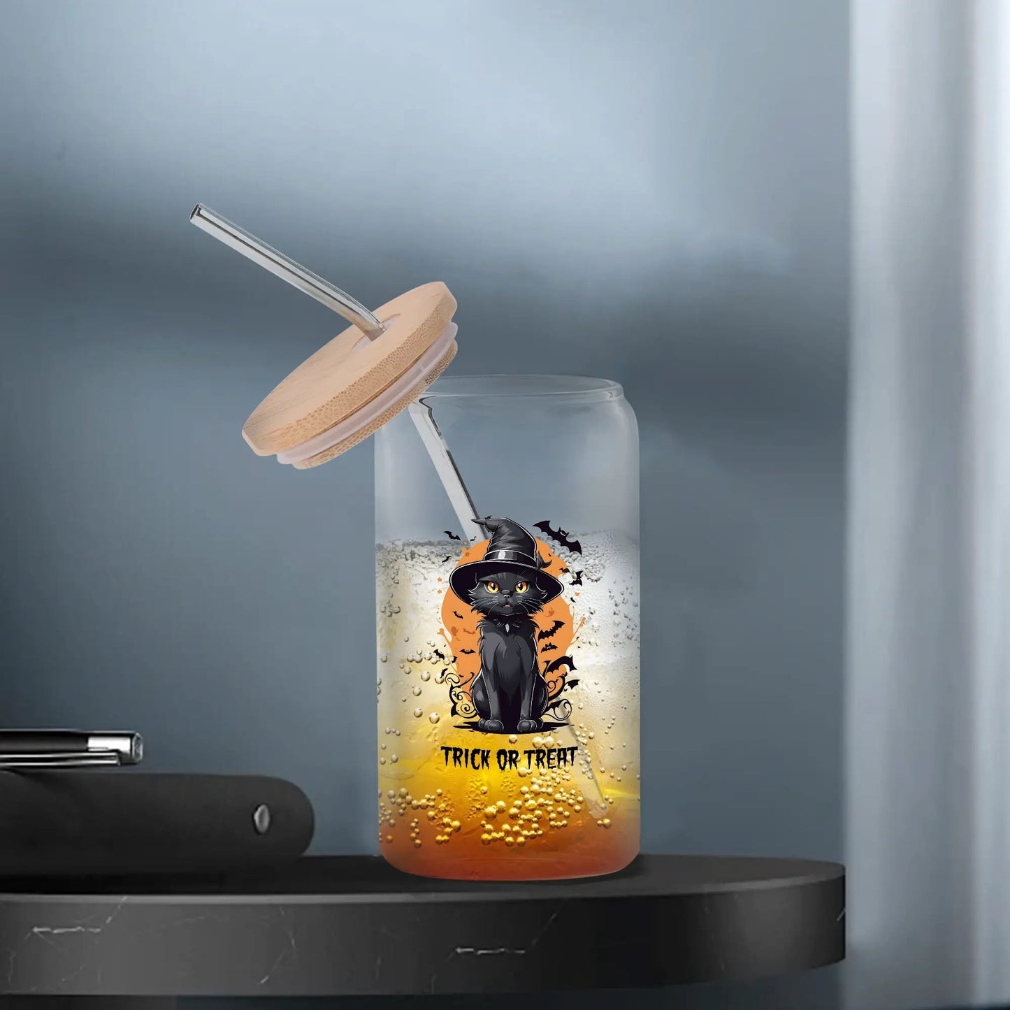 Custom Halloween Black Cat Glass Can Cup – "Trick or Treat" Iced Coffee Cup with Straw & Bamboo Lid - De Krys
