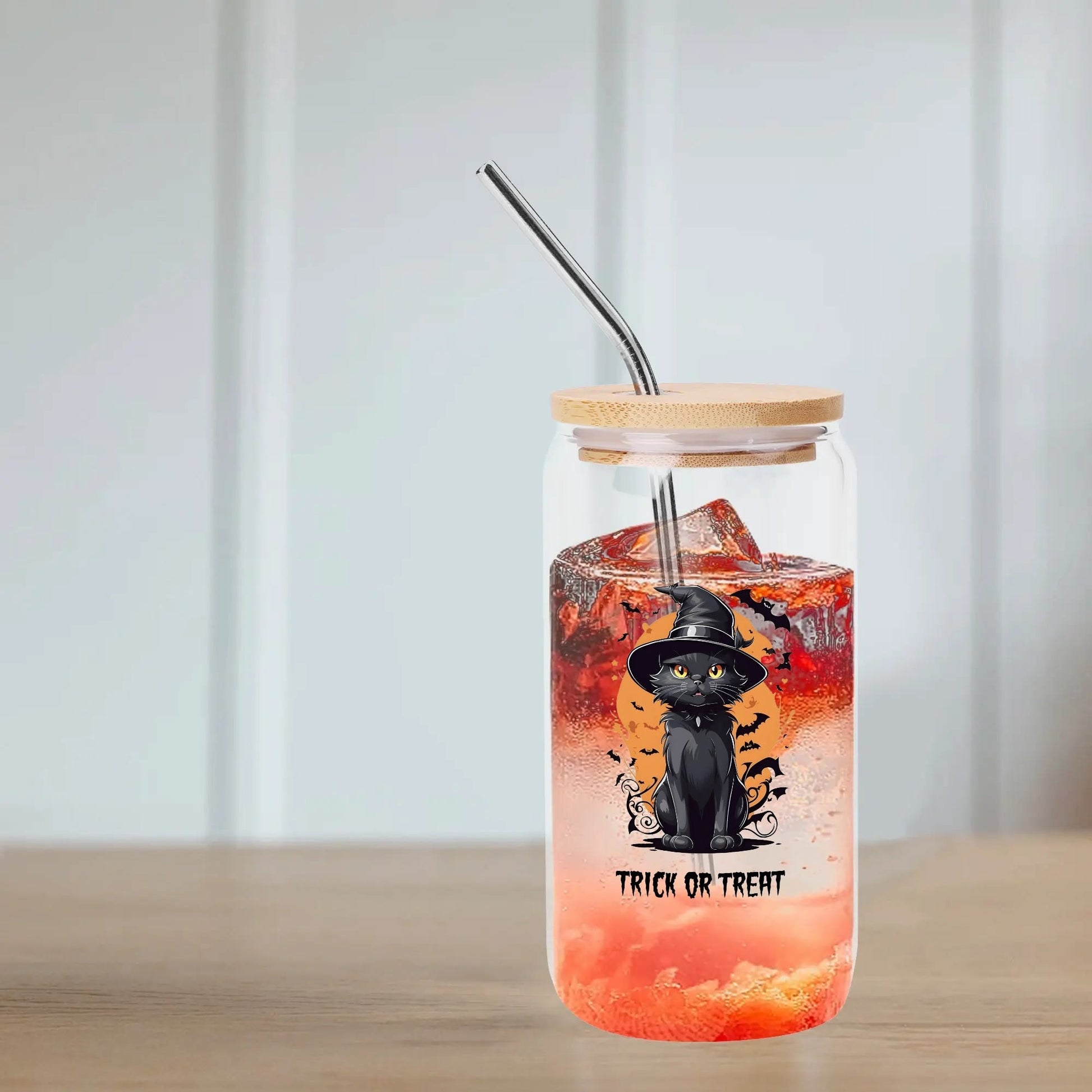 Custom Halloween Black Cat Glass Can Cup – "Trick or Treat" Iced Coffee Cup with Straw & Bamboo Lid - De Krys