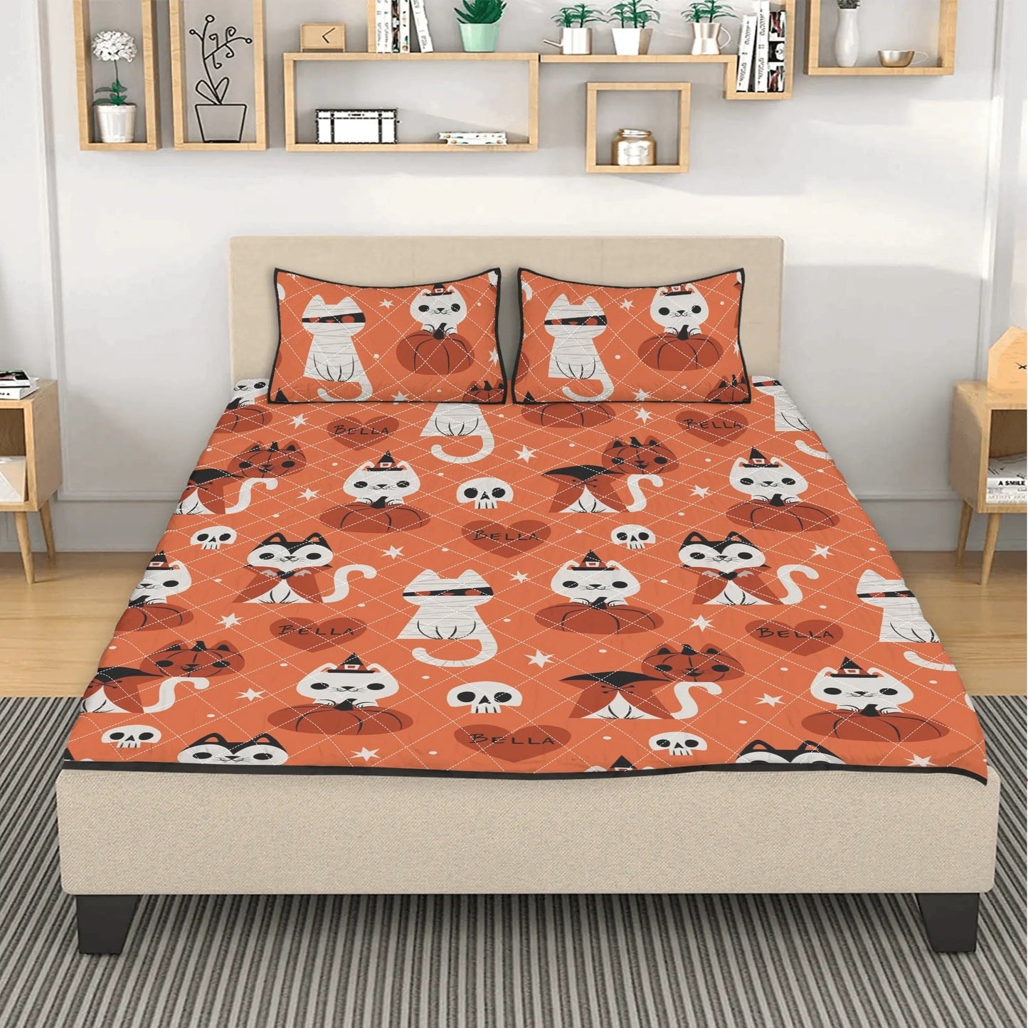 Custom Halloween Cat Quilt – Personalized Name Bedding Set - De Krys