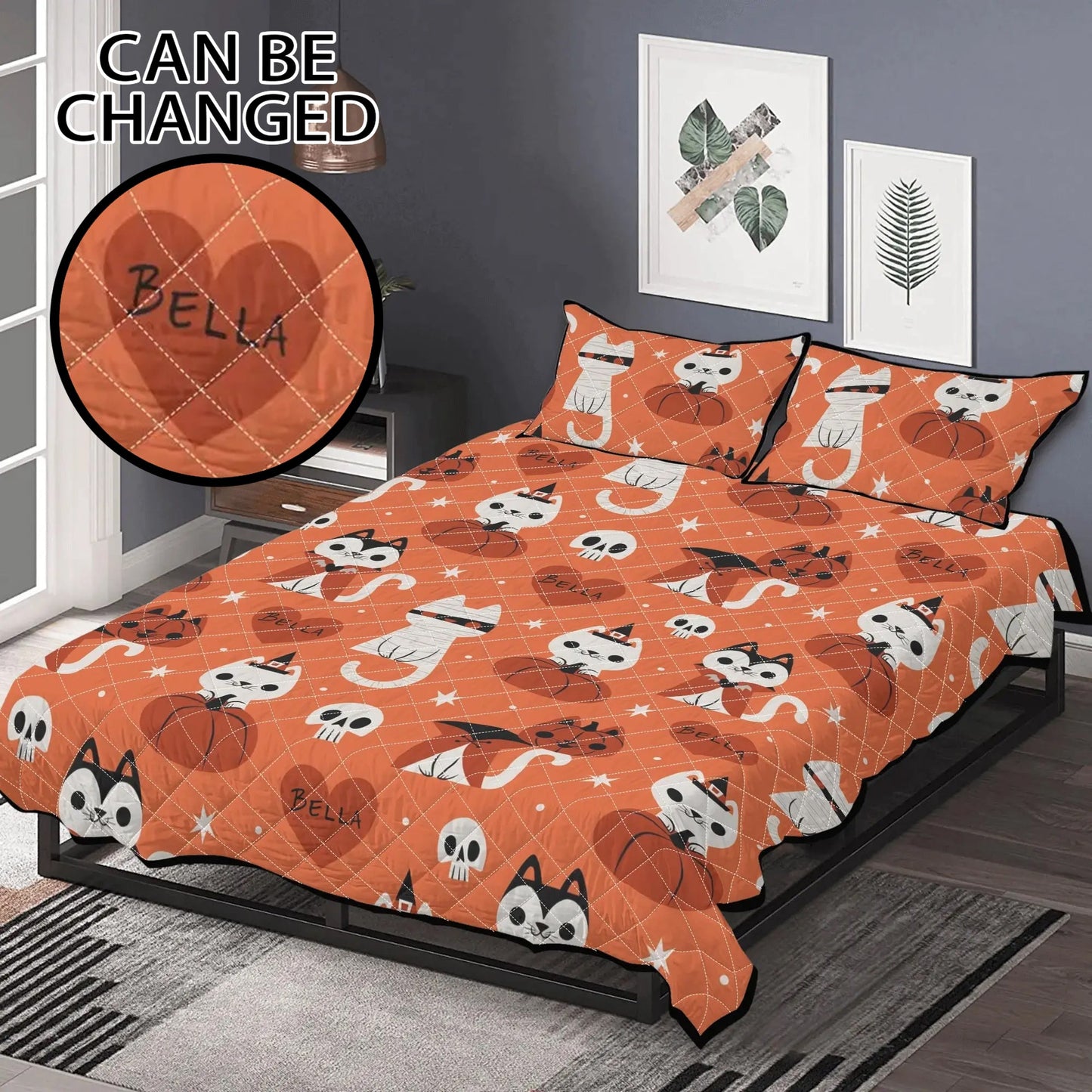 ustom Halloween cat quilt bedding set with pumpkins, skulls, and stars, personalized with name.