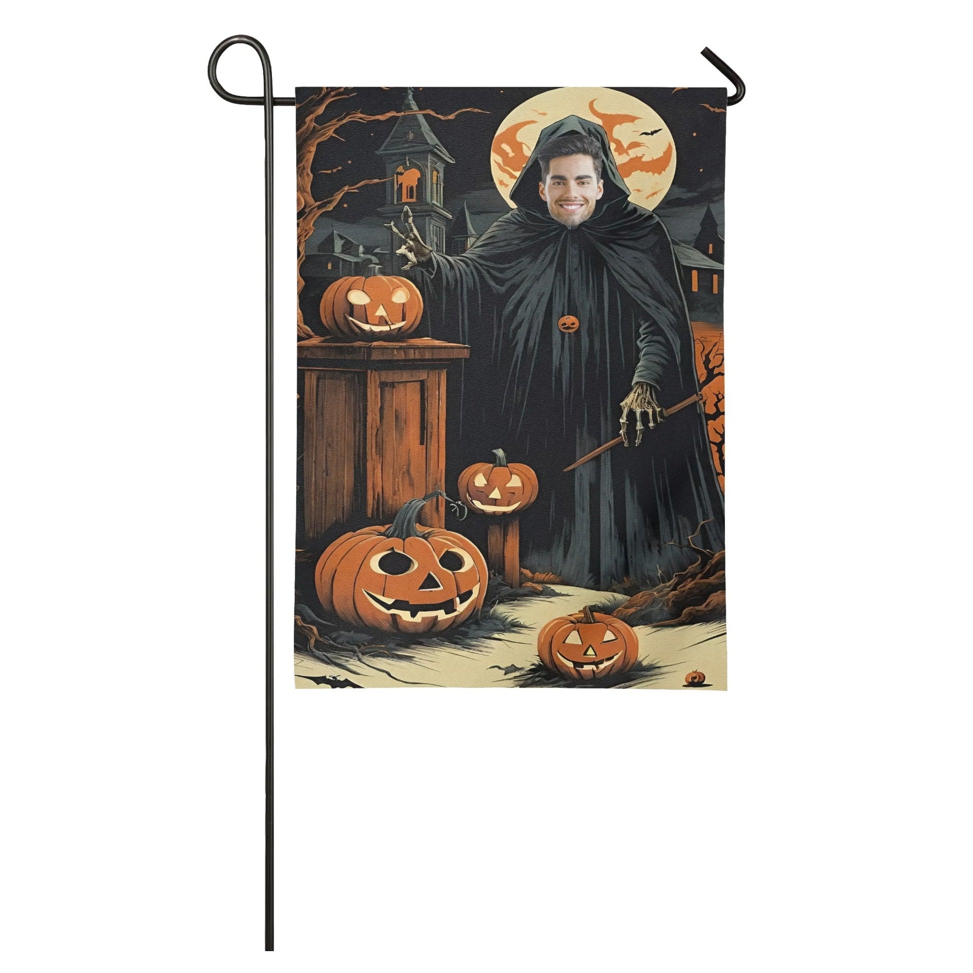 Custom Halloween Wizard Garden Flag | Personalized Face Spooky Cloak Yard Décor - De Krys