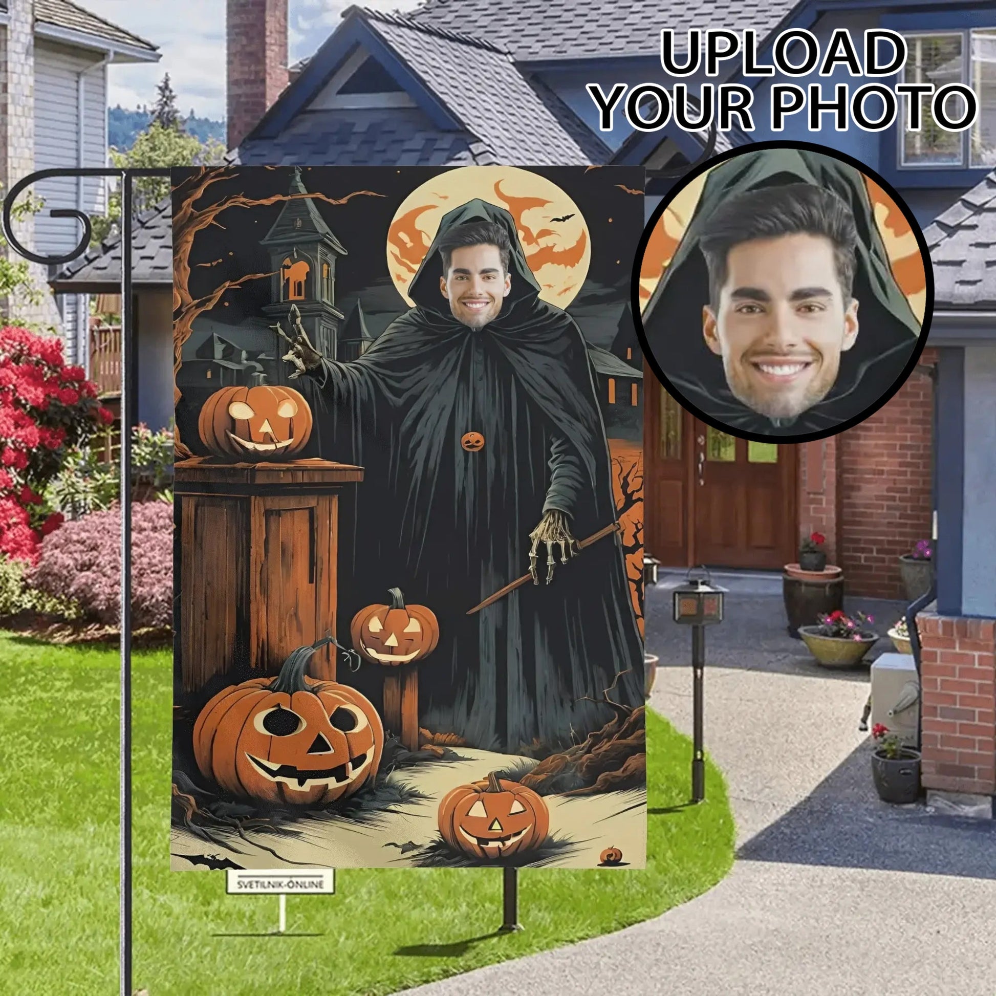 Custom Halloween garden flag with a personalized photo as the Grim Reaper holding a staff, surrounded by jack-o’-lanterns, a haunted house, and a full moon.