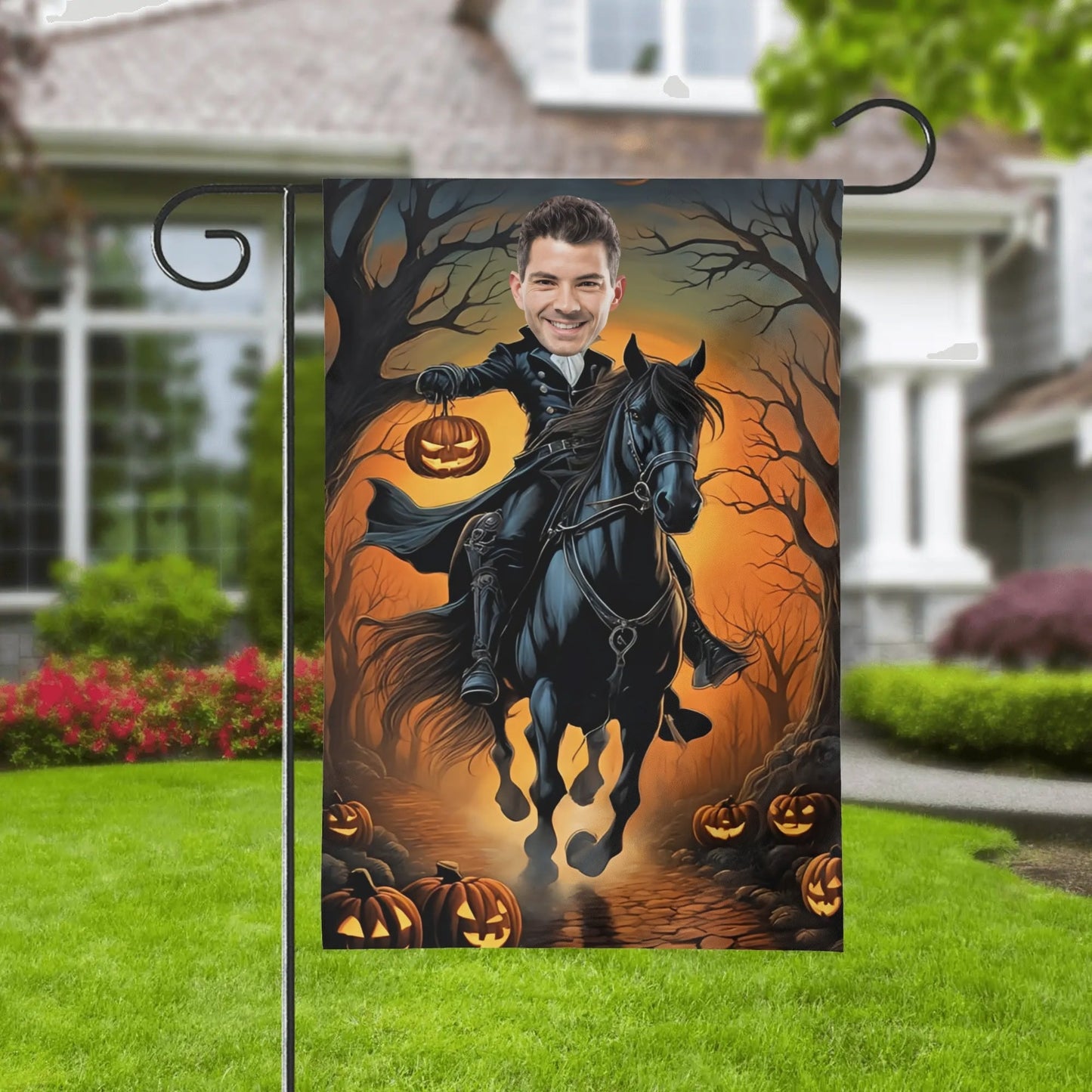 Custom Headless Horseman Halloween Garden Flag | Personalized Photo Yard Decor - De Krys