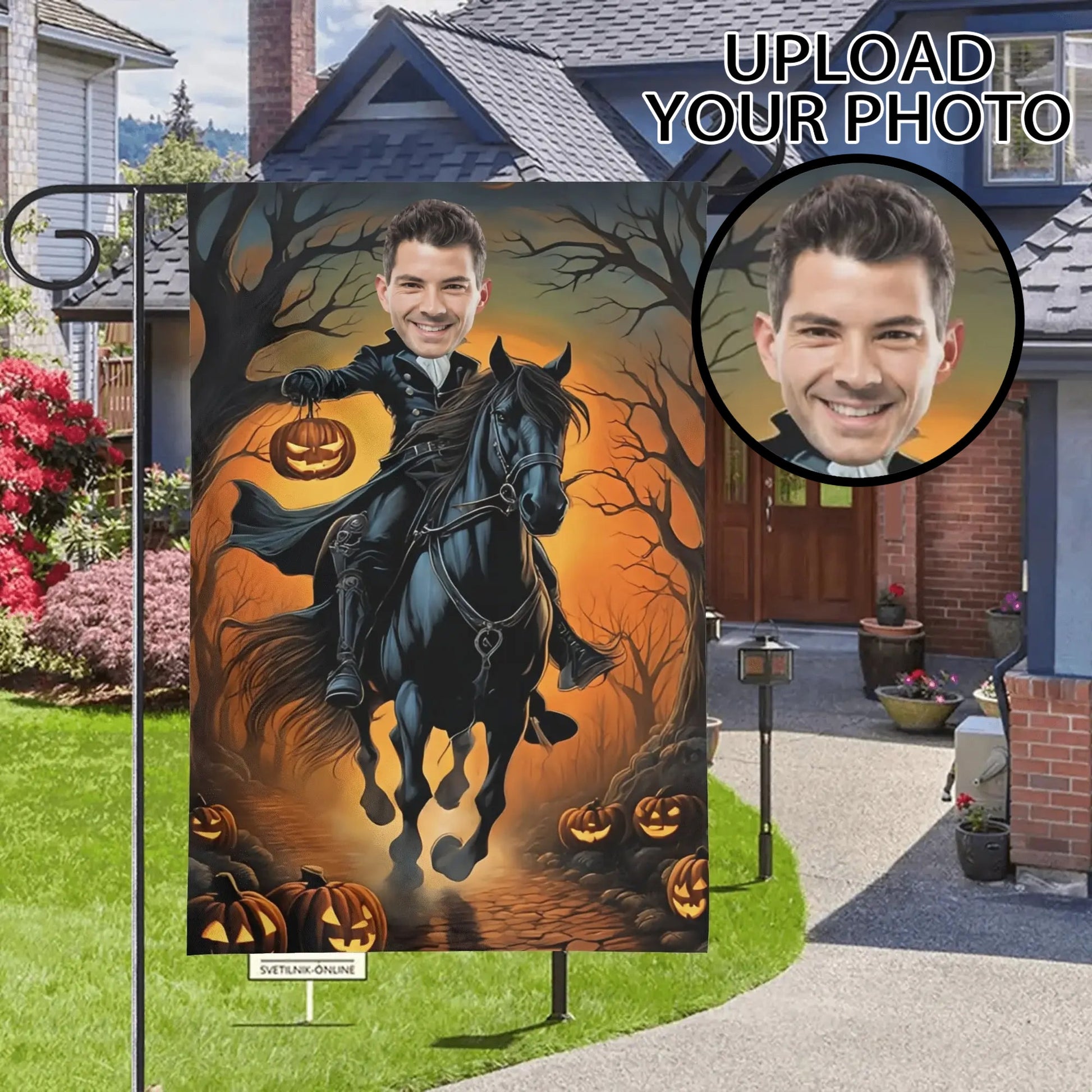 Custom Halloween garden flag featuring customer’s photo as Headless Horseman riding a black horse with jack-o-lantern.