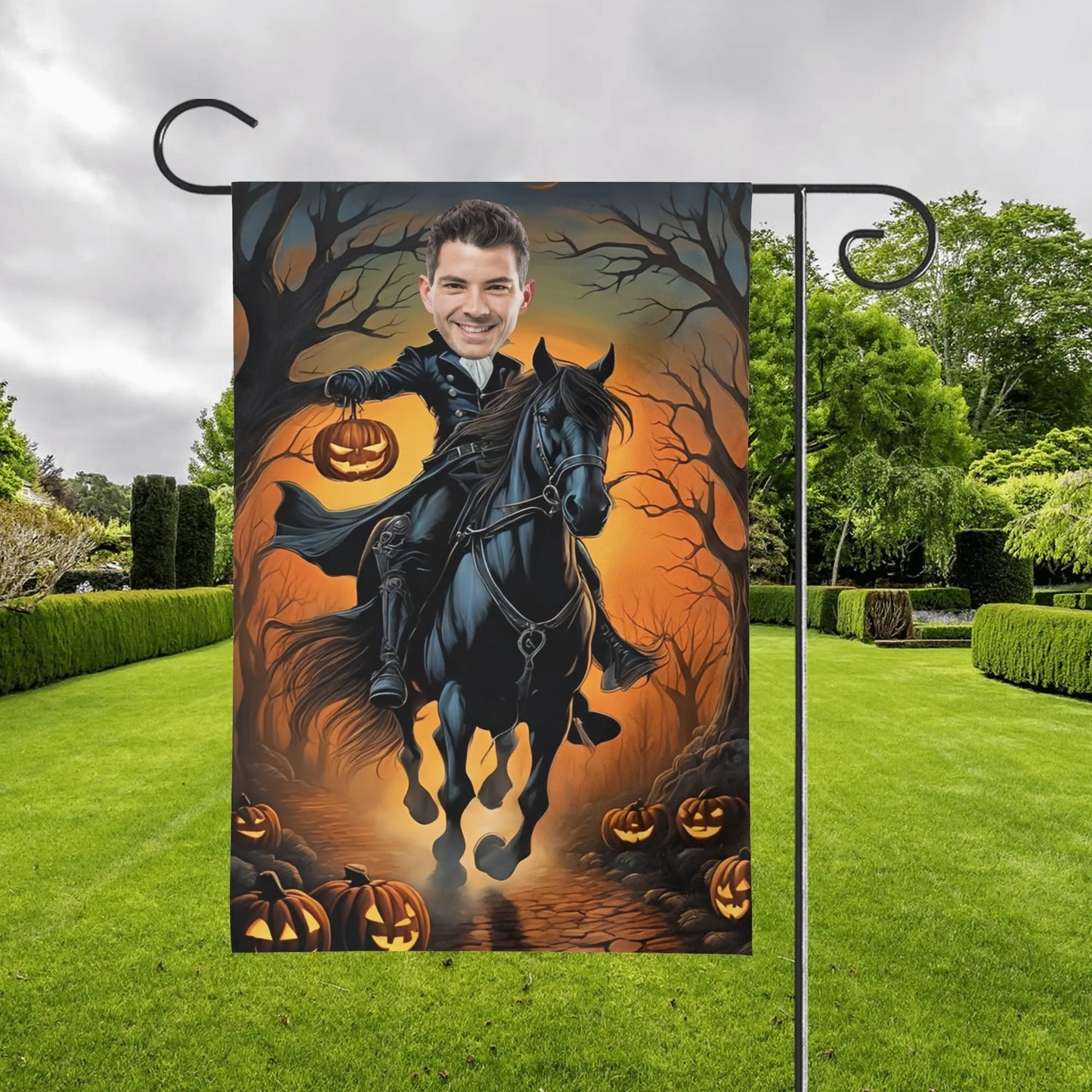 Custom Headless Horseman Halloween Garden Flag | Personalized Photo Yard Decor - De Krys