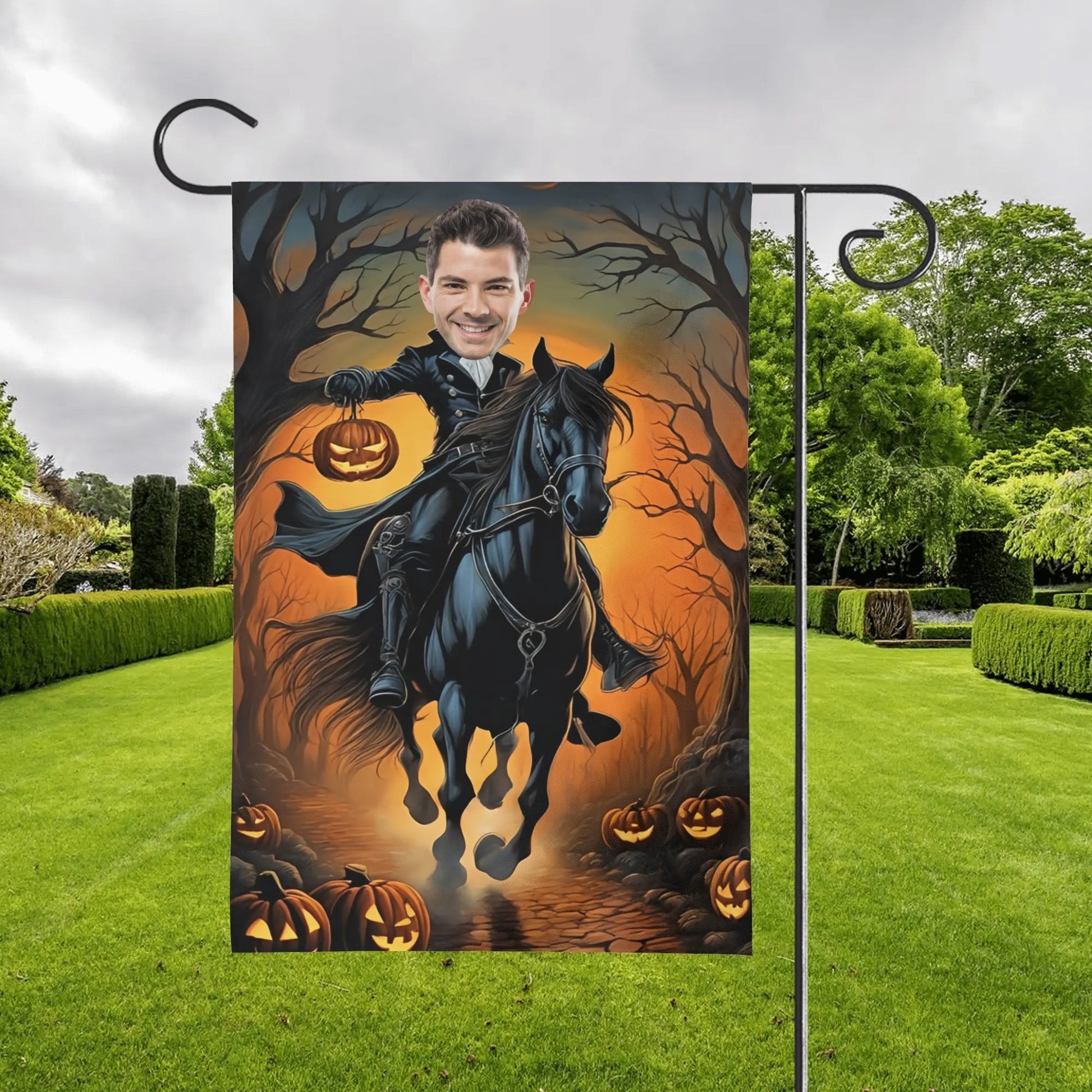 Custom Headless Horseman Halloween Garden Flag | Personalized Photo Yard Decor - De Krys