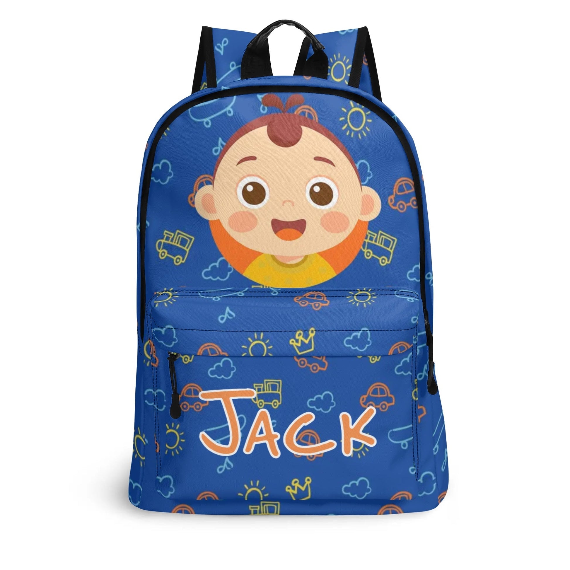 Custom cartoon kids backpack with boy’s name “Jack.” Personalized school bag with fun doodle design in blue.