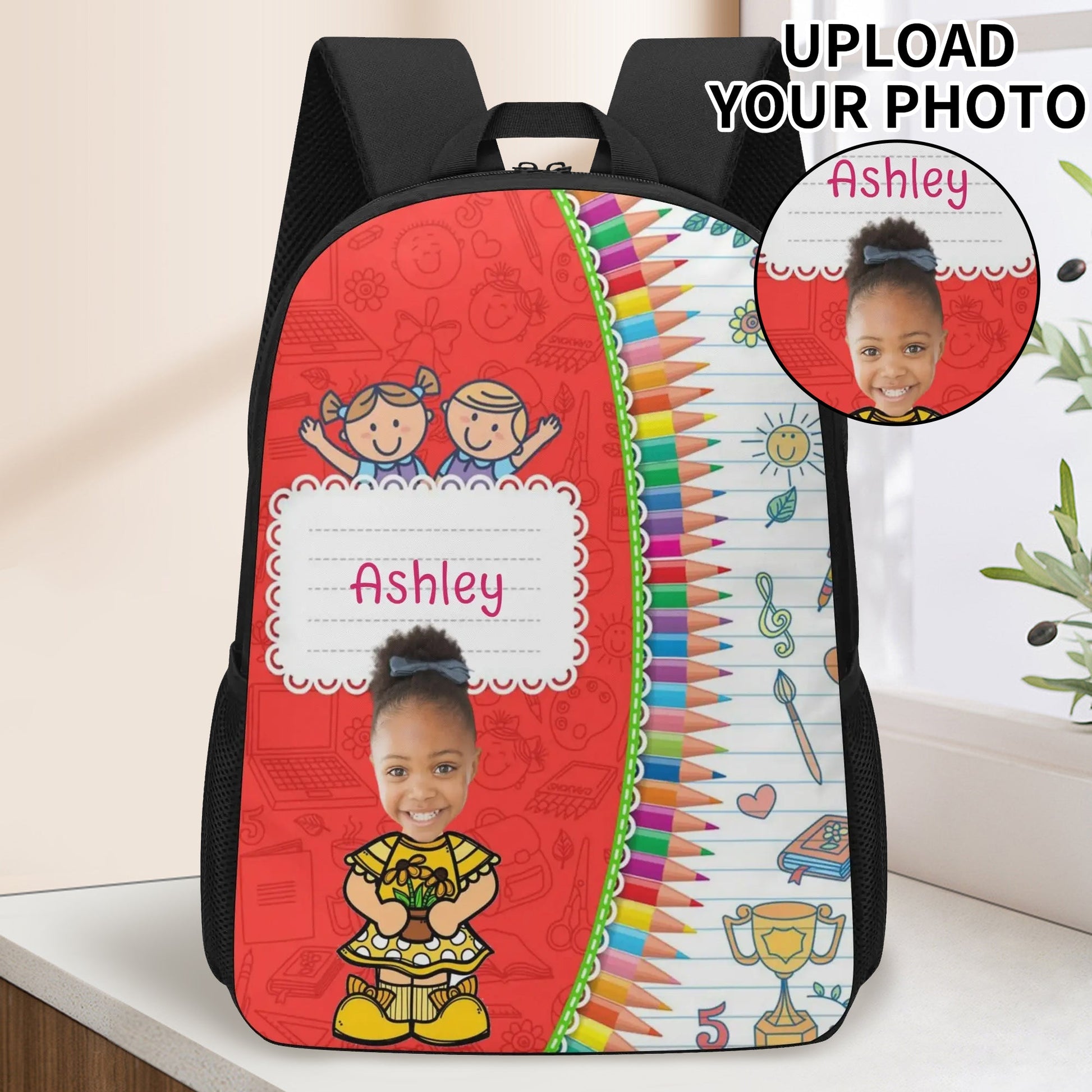 Personalized kids backpack with name and photo, red crayon design.