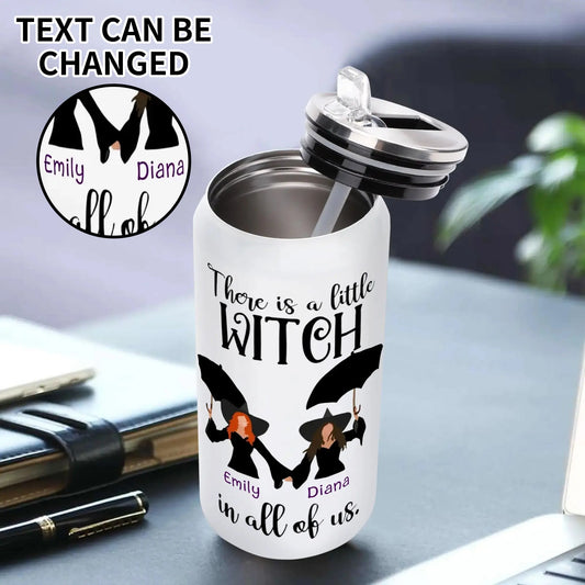 Personalized Halloween tumbler featuring two witches with umbrellas and custom names, reading “There is a little witch in all of us,” perfect for spooky BFF gifts.