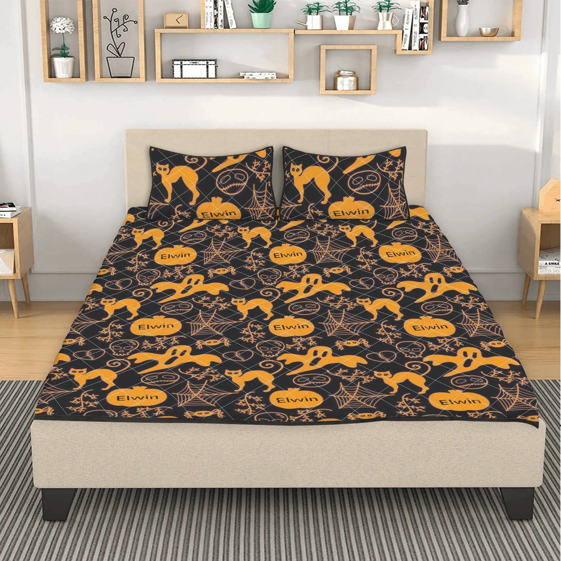 Custom Name Halloween Quilt ā Black Cat & Pumpkin Bedding Set - De Krys