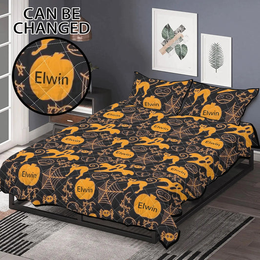 Custom Halloween quilt bedding set featuring black cats, pumpkins, and spider webs with personalized name design.