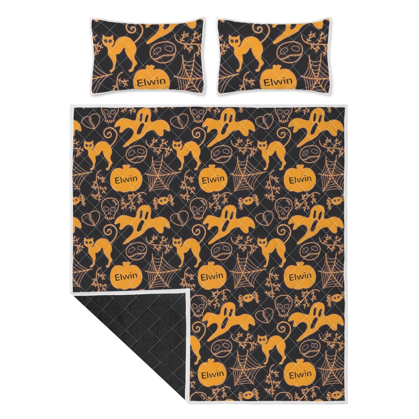 Custom Name Halloween Quilt ā Black Cat & Pumpkin Bedding Set - De Krys