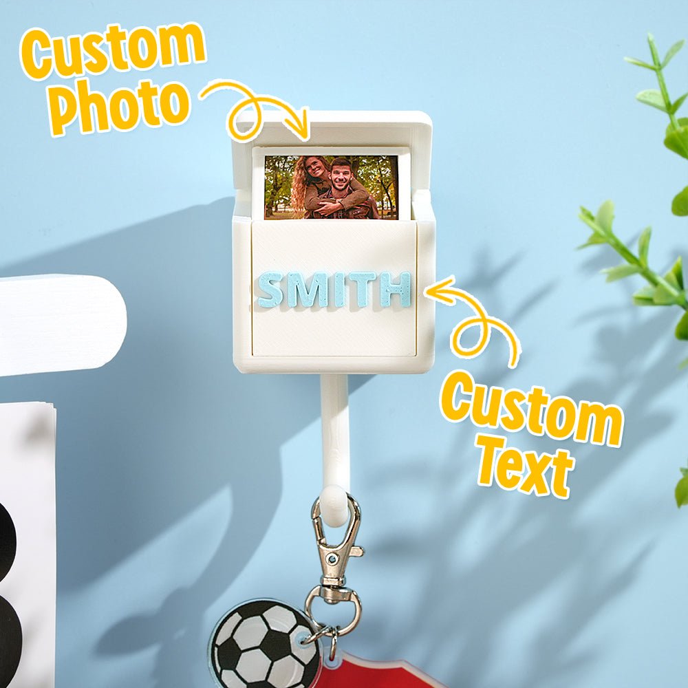 Personalized wall key hook with custom photo and text, perfect for organizing keys while showcasing family memories or names.