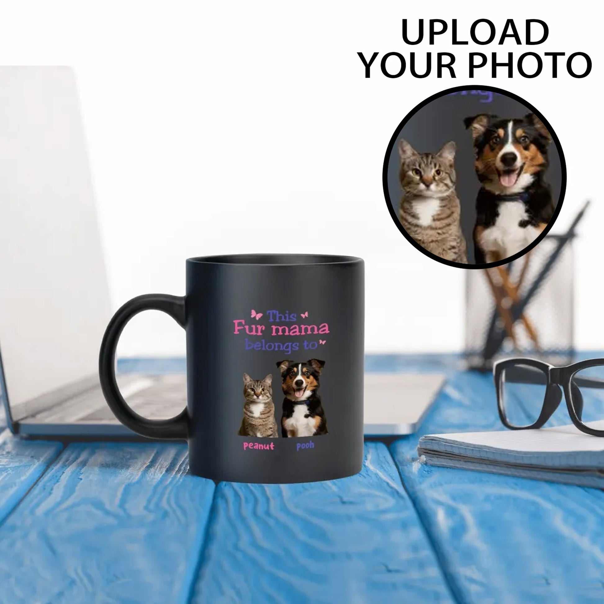 Custom Fur Mama mug with personalized pet photos – black ceramic coffee cup gift for dog and cat moms.
