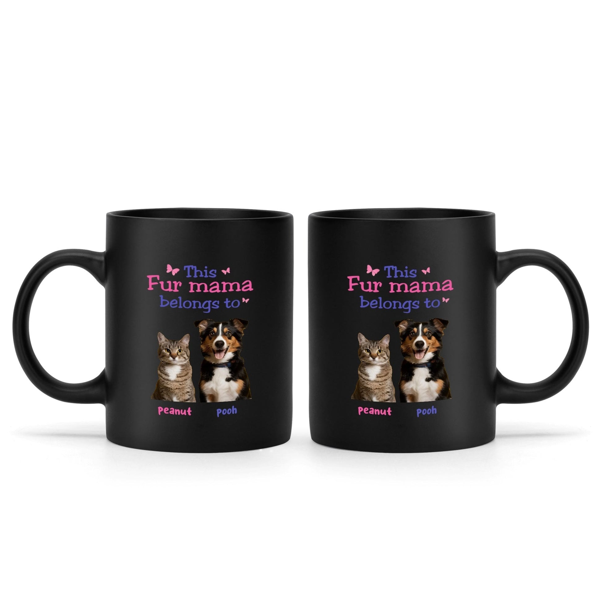 “Personalized black coffee mug with pet photos and names – durable ceramic mug for proud fur moms.