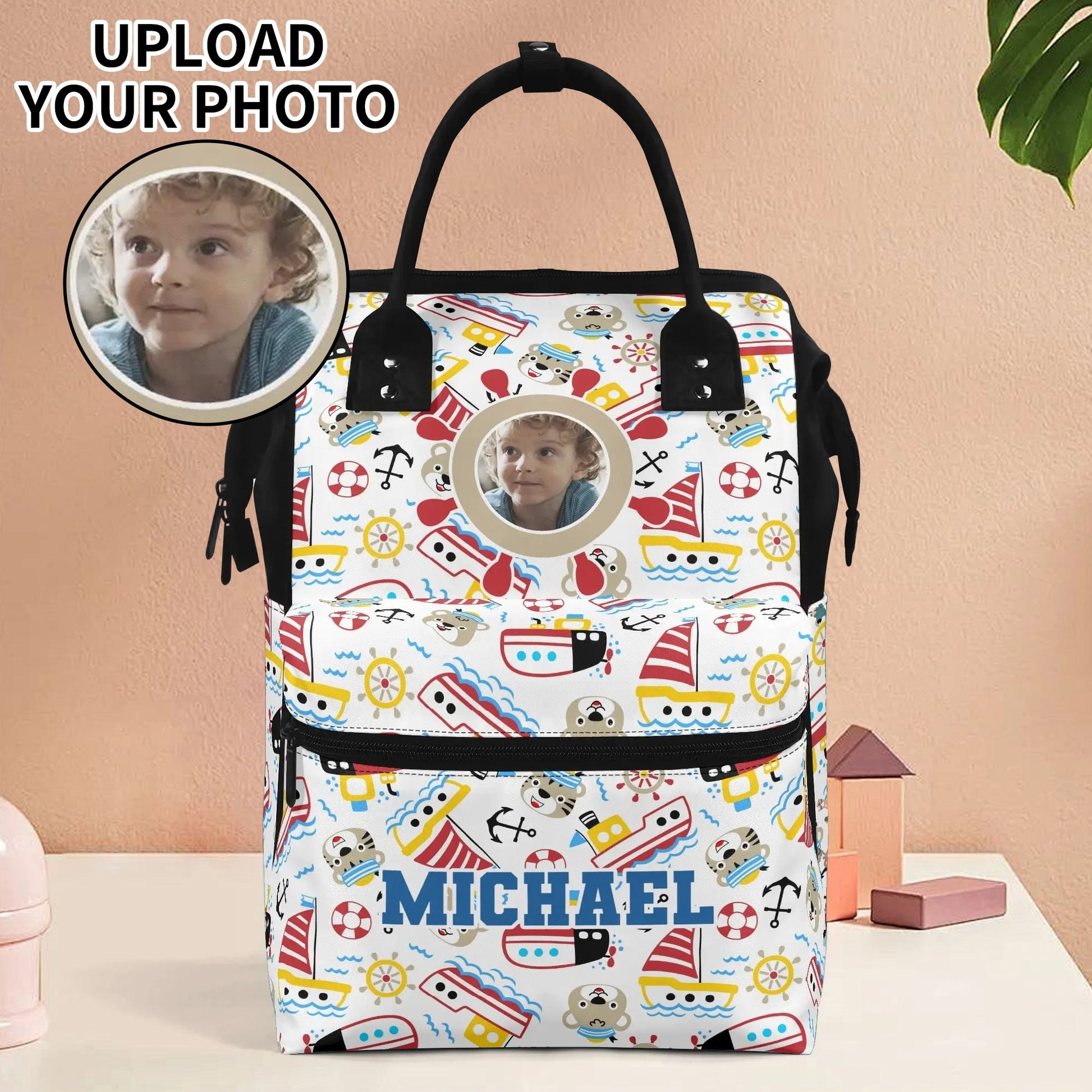 Custom kids backpack with photo and name, personalized toddler bag with nautical boat design.