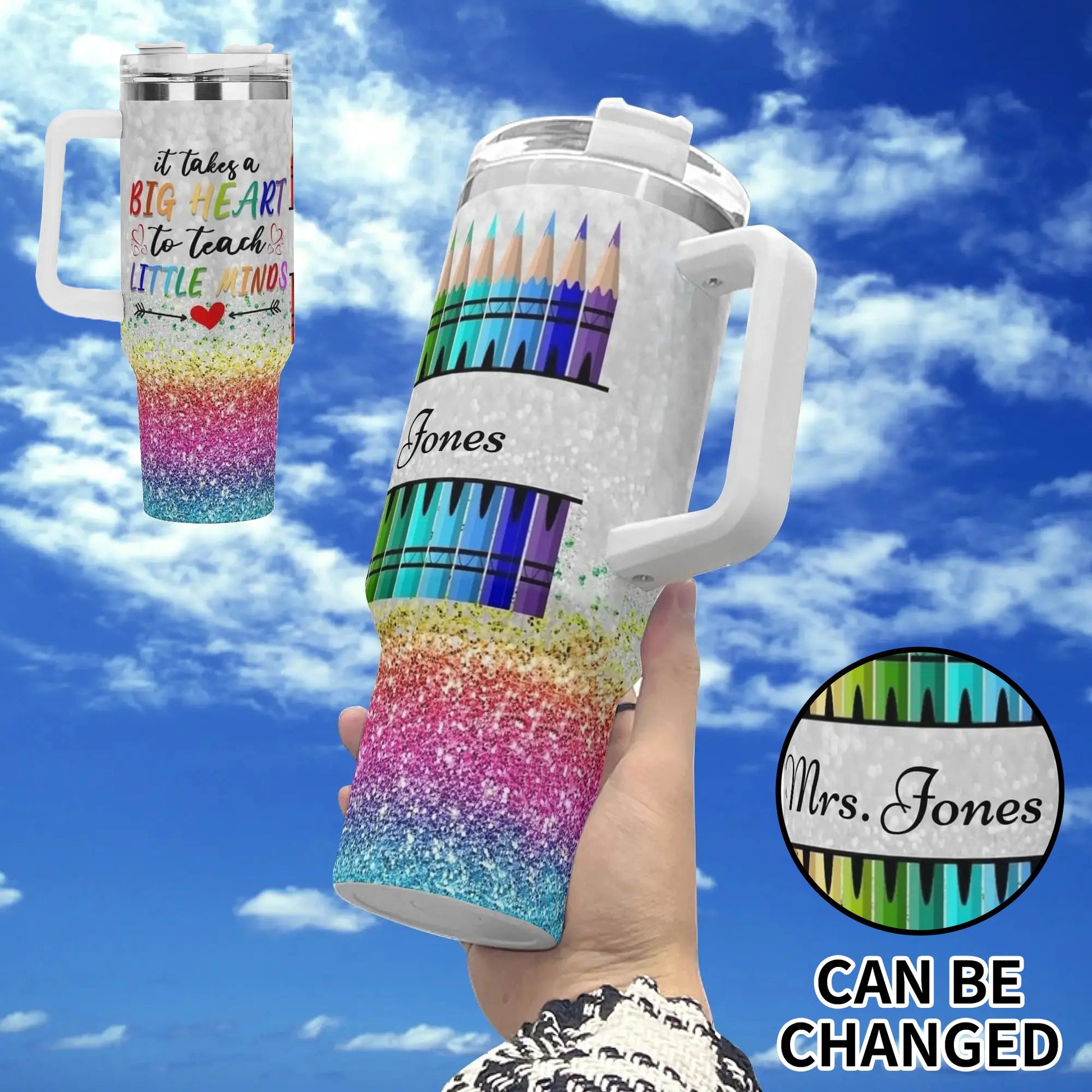Custom teacher gift travel mug with name and colorful crayon print.