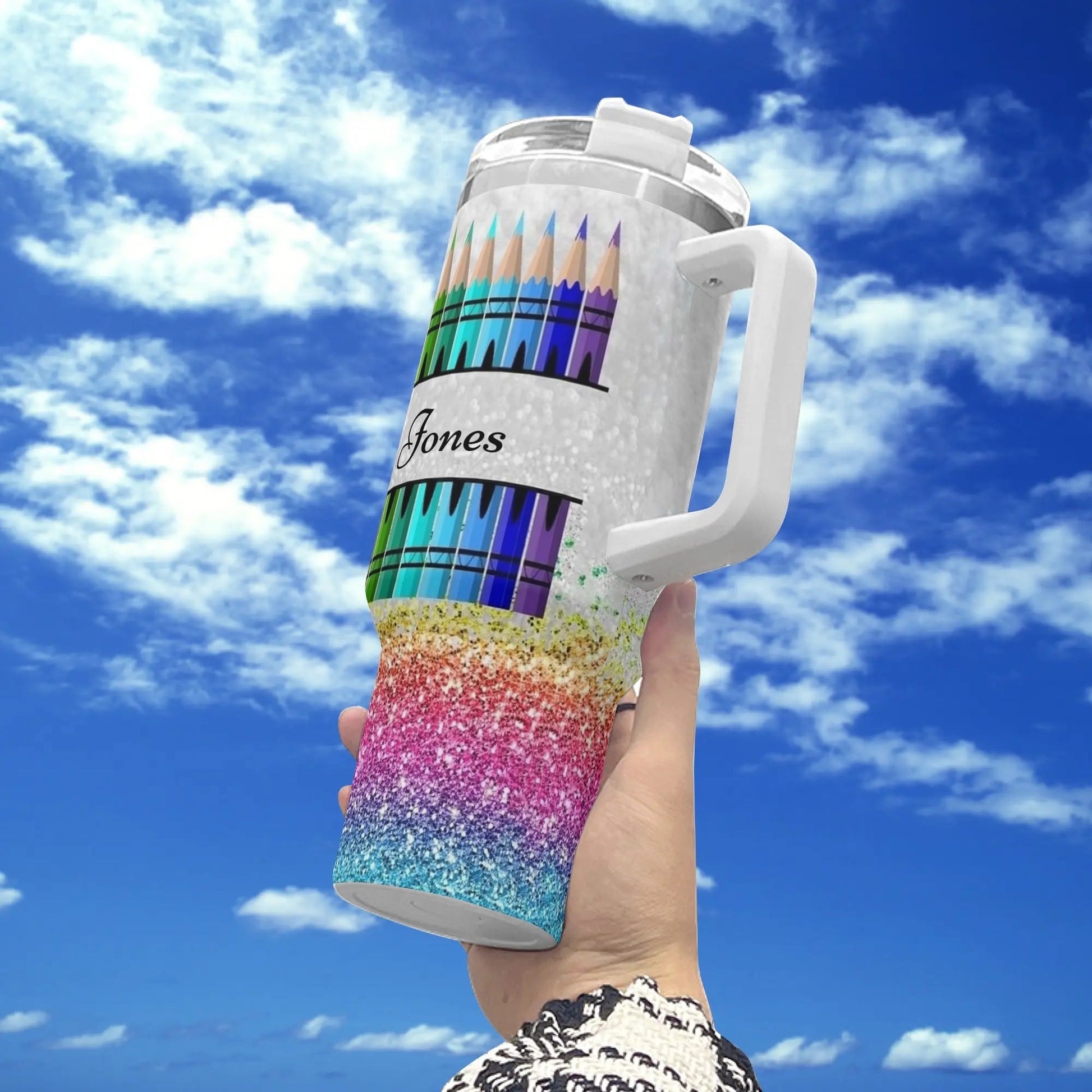 Custom Teacher Crayon Tumbler with Handle | Personalized Name Gift for Educators - De Krys