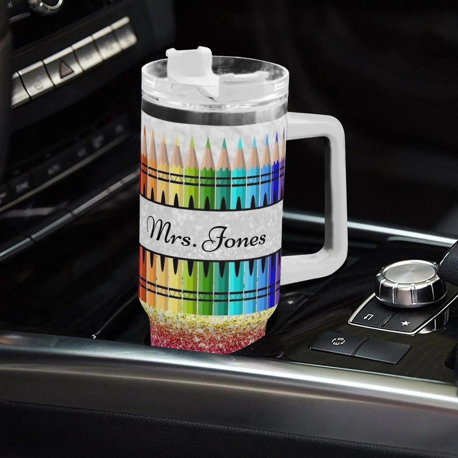 Custom Teacher Crayon Tumbler with Handle | Personalized Name Gift for Educators - De Krys