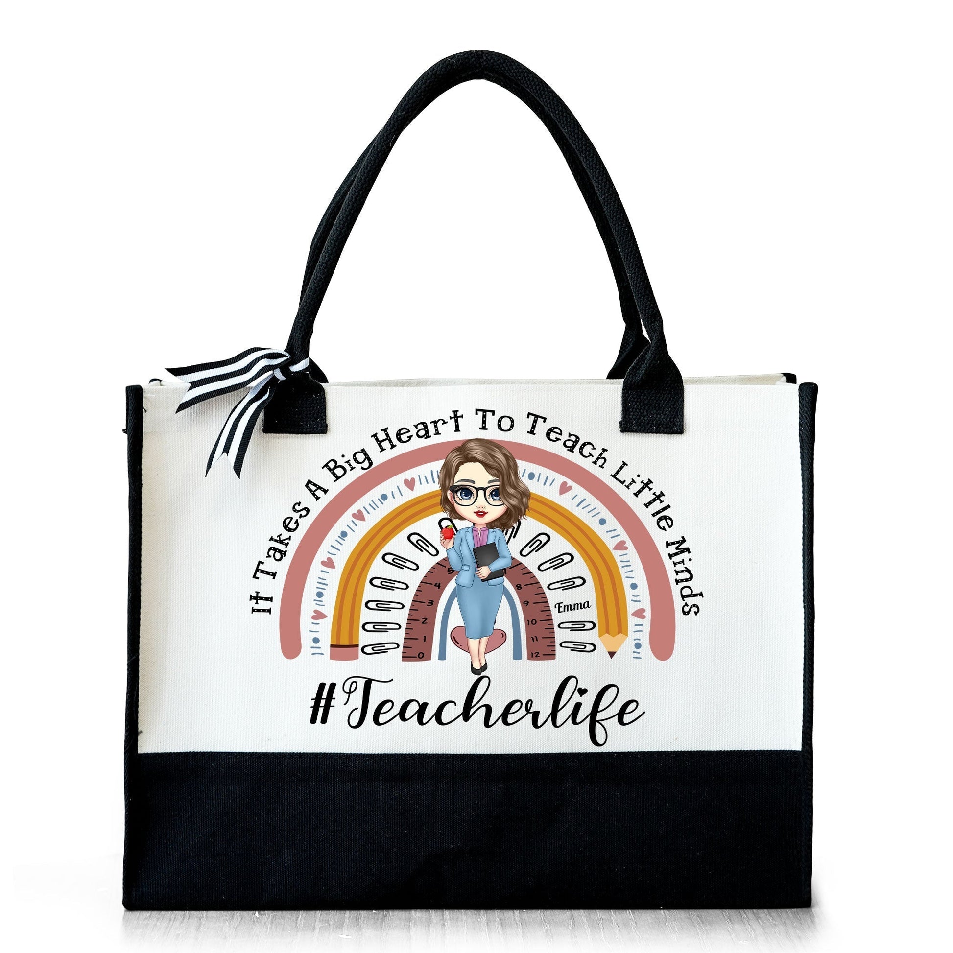 Personalized teacher tote bag with cartoon character and rainbow design