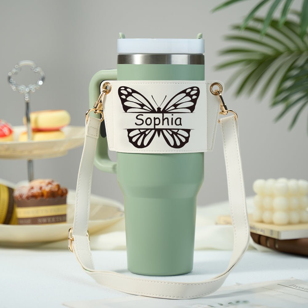 Personalized tumbler carrier bag with butterfly design, stylish gift for coffee lovers