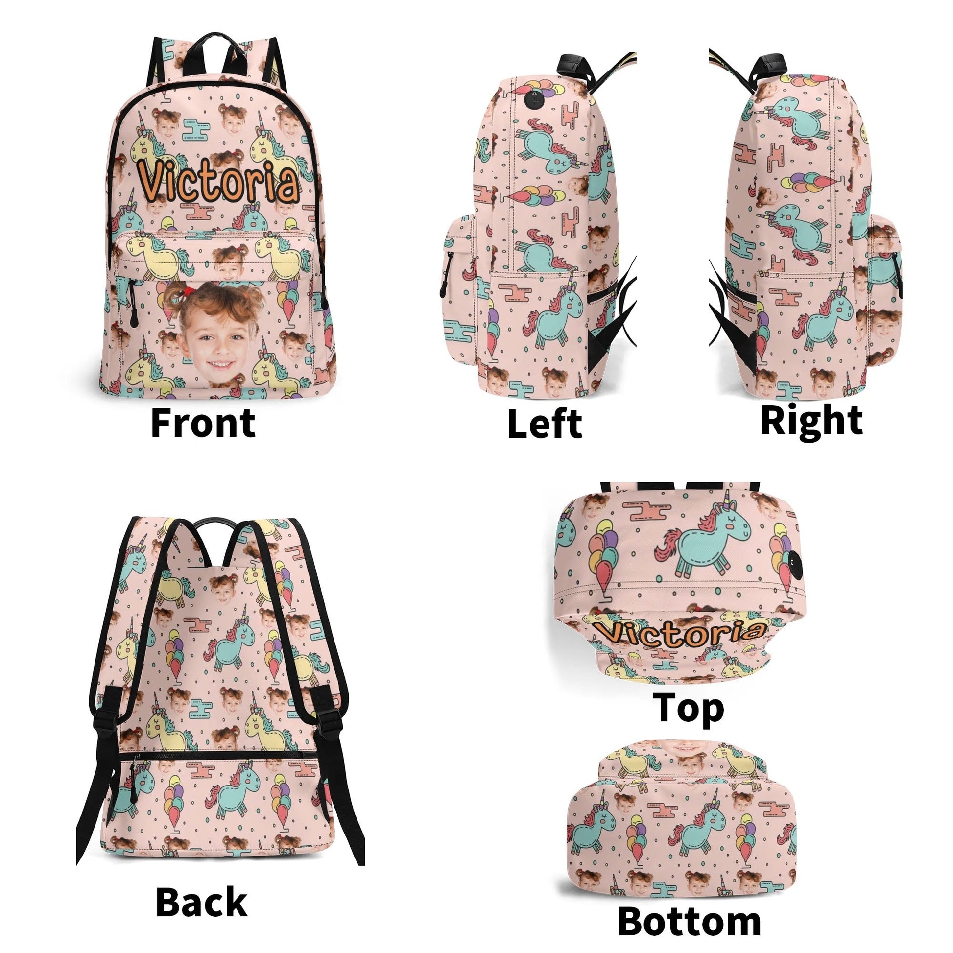 Custom Unicorn Face Kids Backpack 🦄 Personalized Name & Photo Bag - De Krys